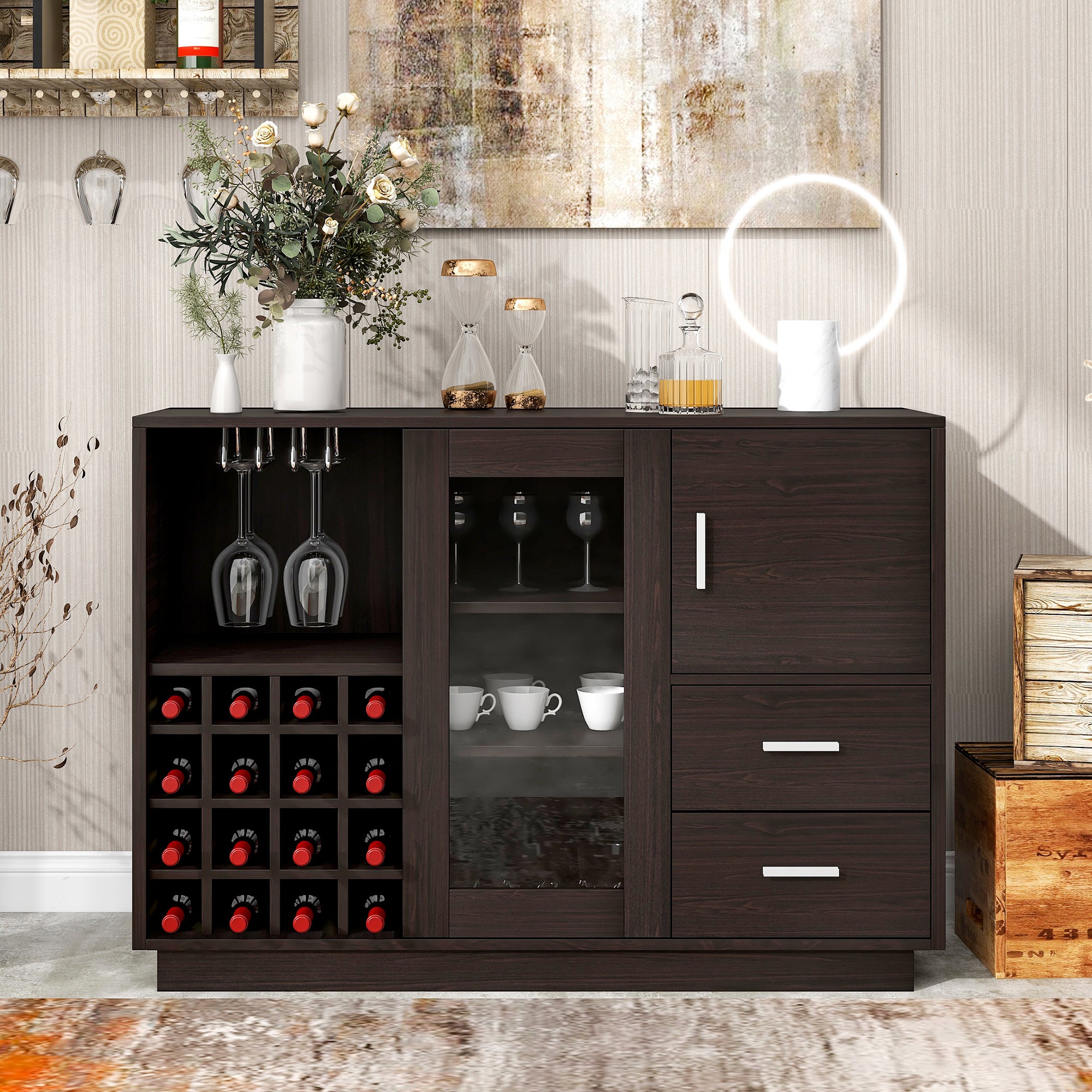 47" Wide Sideboard with Integrated 16 Bar Wine Compartment and Wineglass Holders