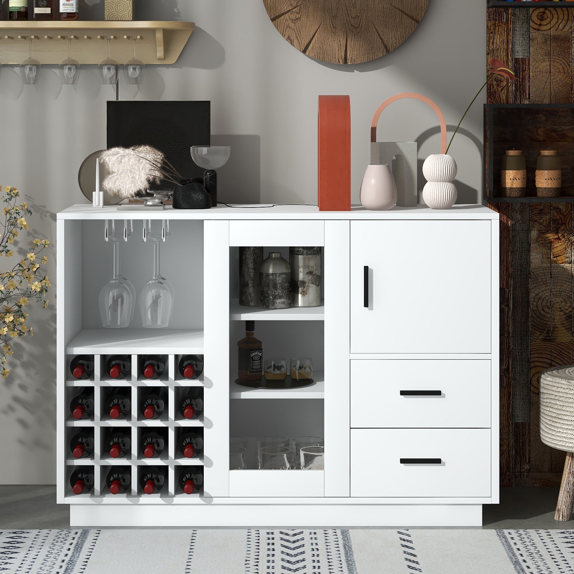 47" Wide Sideboard with Integrated 16 Bar Wine Compartment and Wineglass Holders