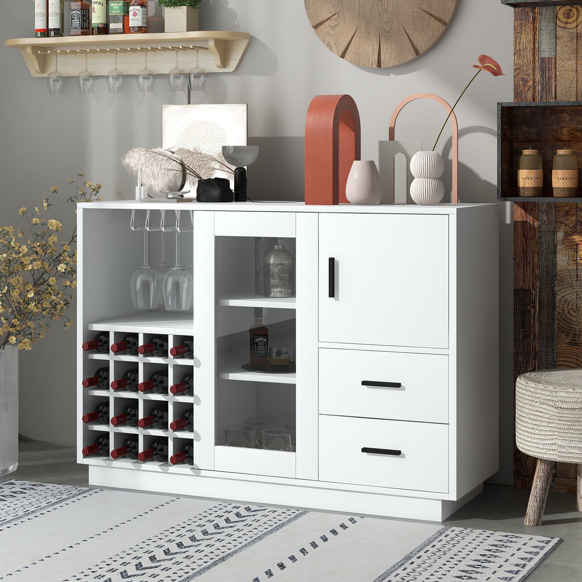 47" Wide Sideboard with Integrated 16 Bar Wine Compartment and Wineglass Holders