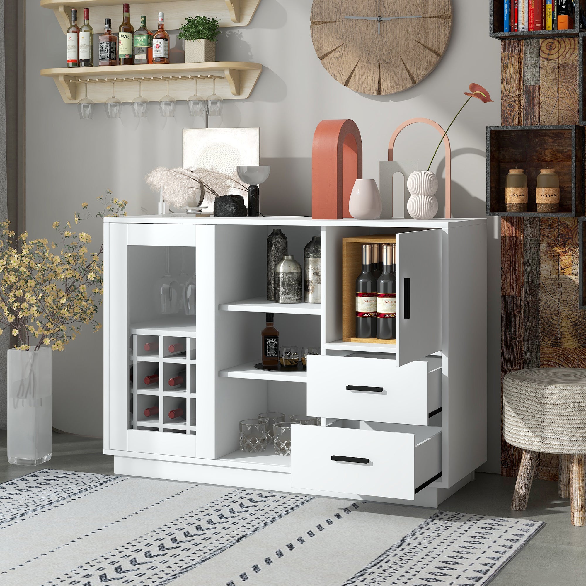 47" Wide Sideboard with Integrated 16 Bar Wine Compartment and Wineglass Holders