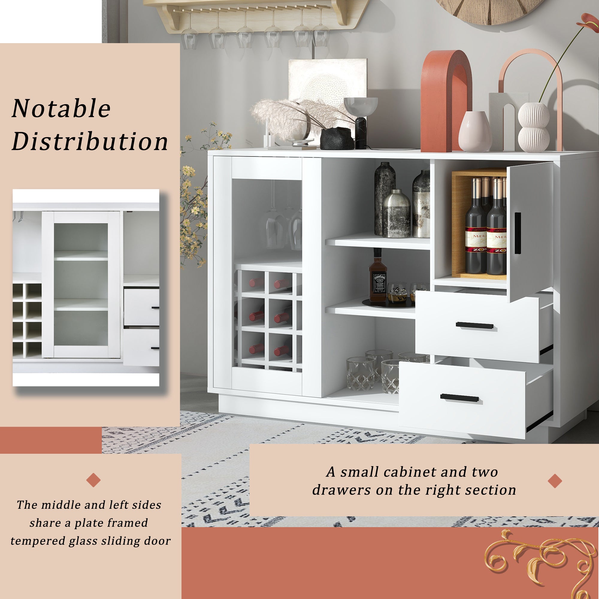 47" Wide Sideboard with Integrated 16 Bar Wine Compartment and Wineglass Holders