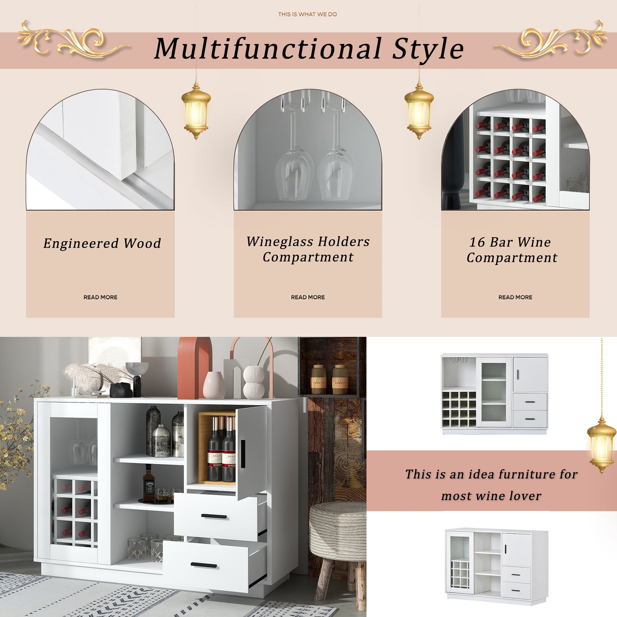 47" Wide Sideboard with Integrated 16 Bar Wine Compartment and Wineglass Holders
