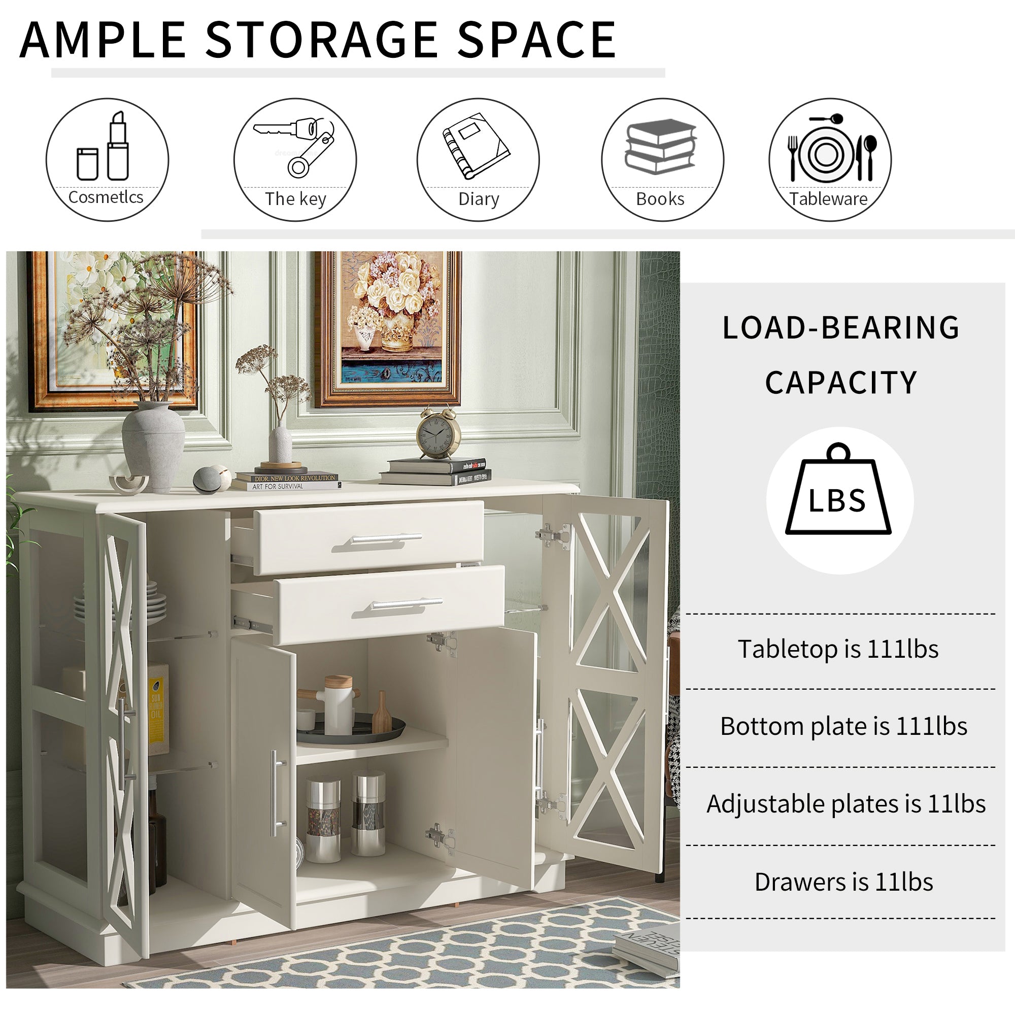 42" Wide 2 Drawer Sideboard with Adjustable Shelves