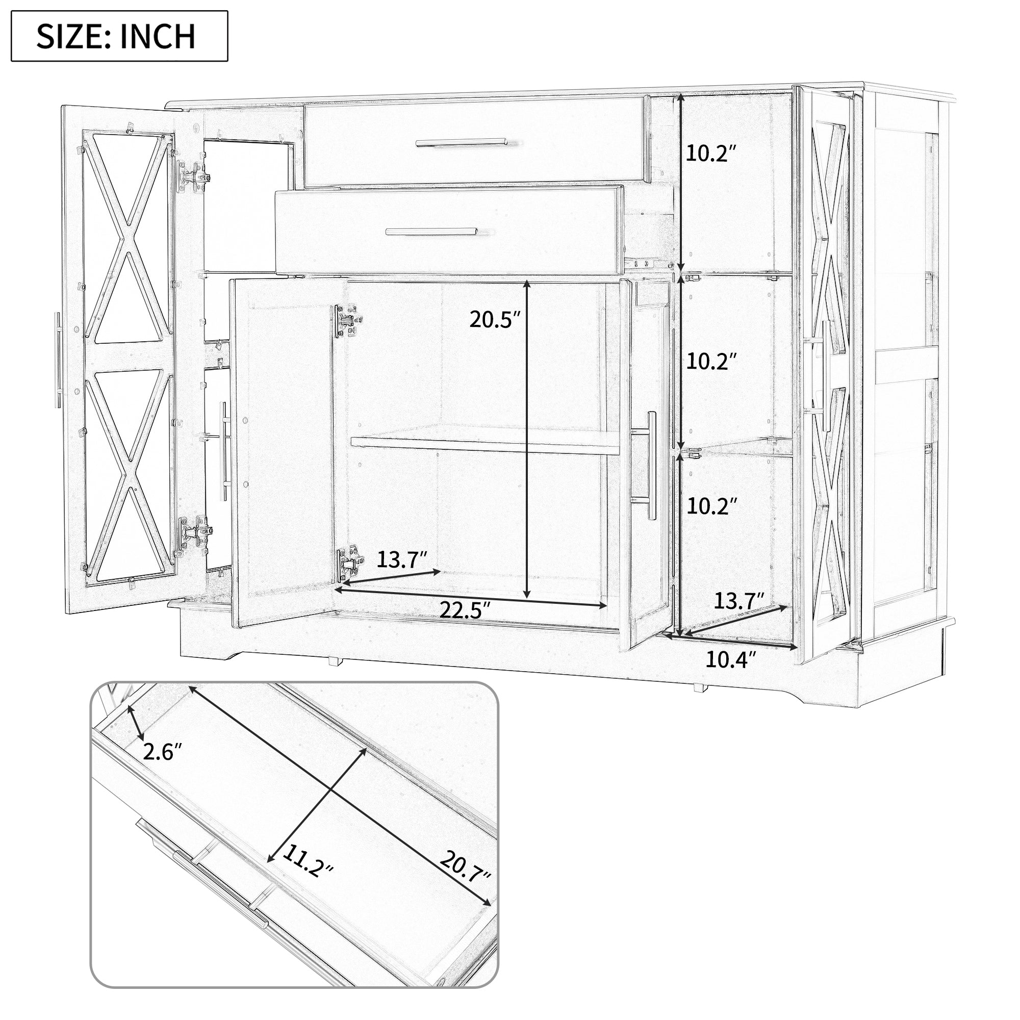 42" Wide 2 Drawer Sideboard with Adjustable Shelves