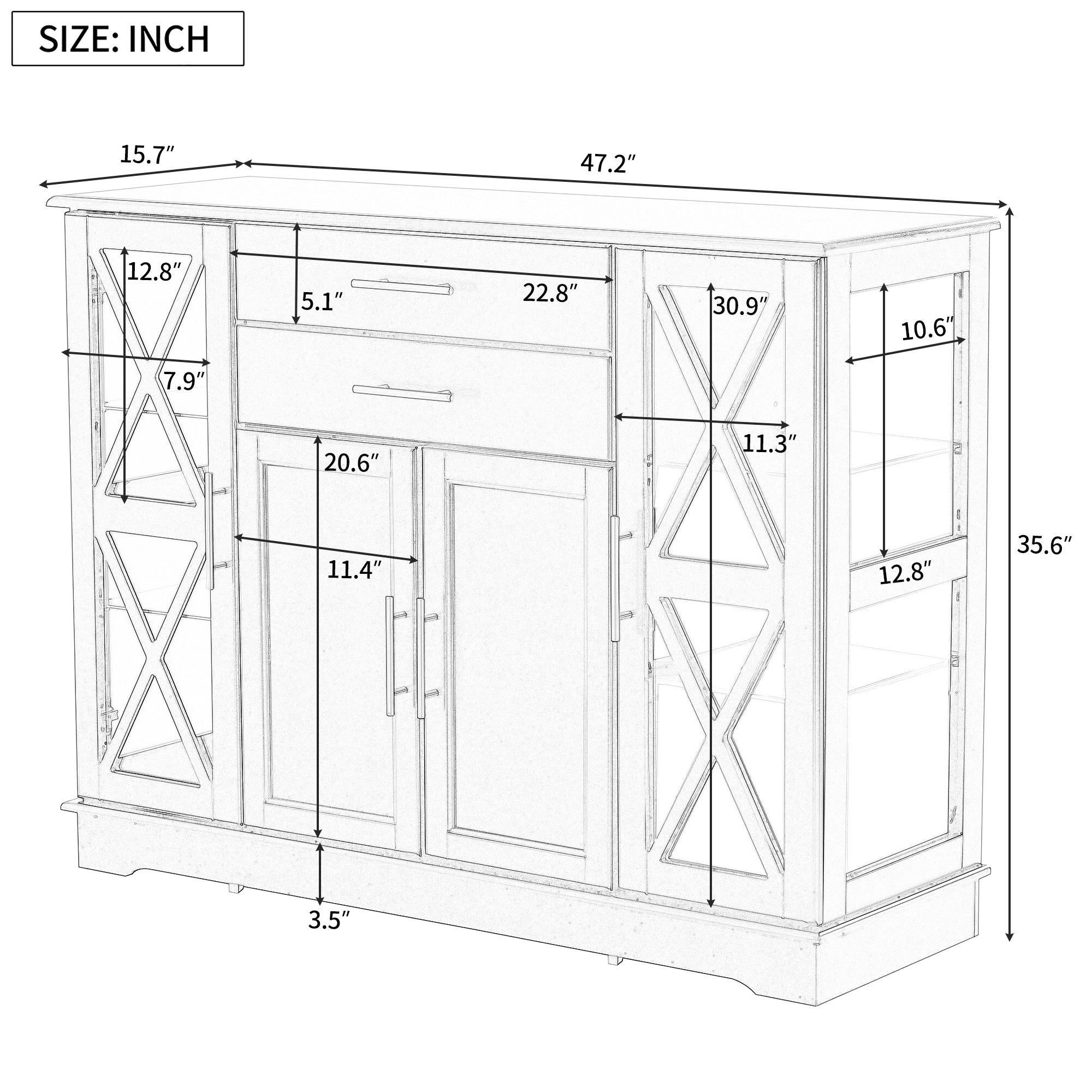 42" Wide 2 Drawer Sideboard with Adjustable Shelves