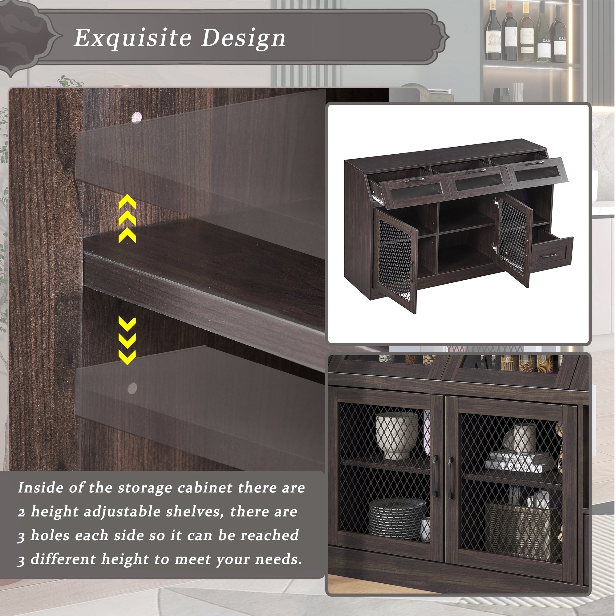 54" Wide Wood 4 Drawer Sideboard Stemware Rack