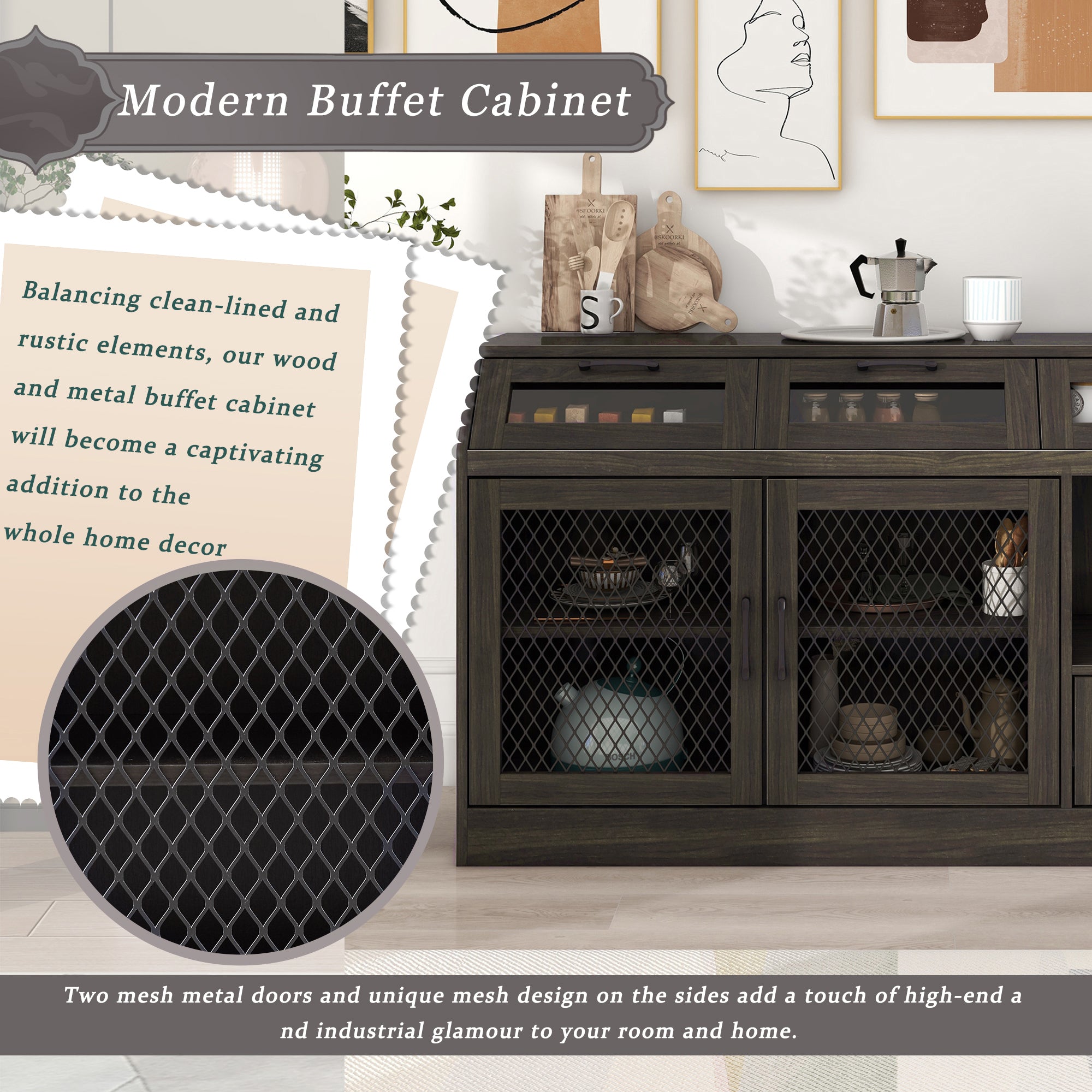 54" Wide Wood 4 Drawer Sideboard Stemware Rack
