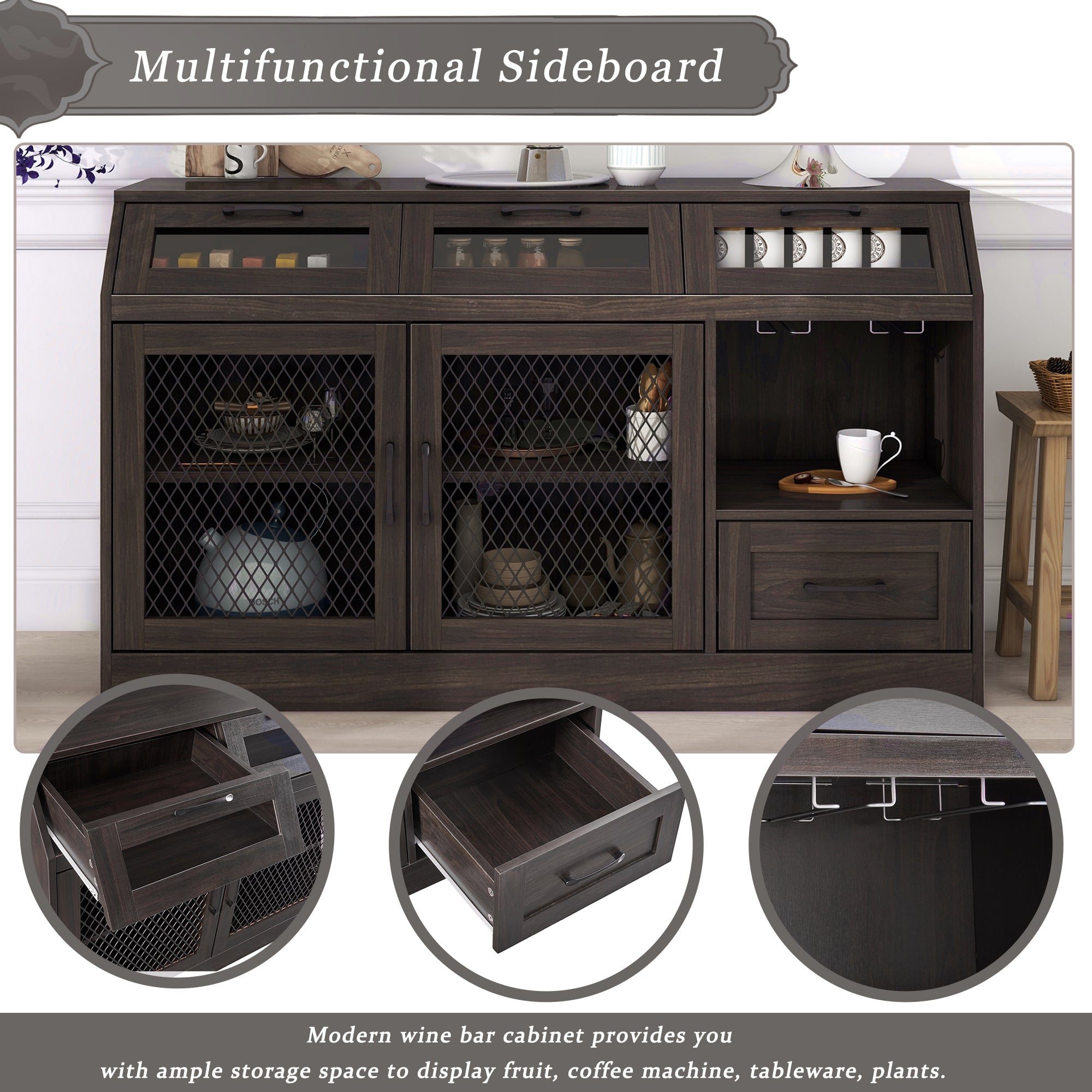 54" Wide Wood 4 Drawer Sideboard Stemware Rack