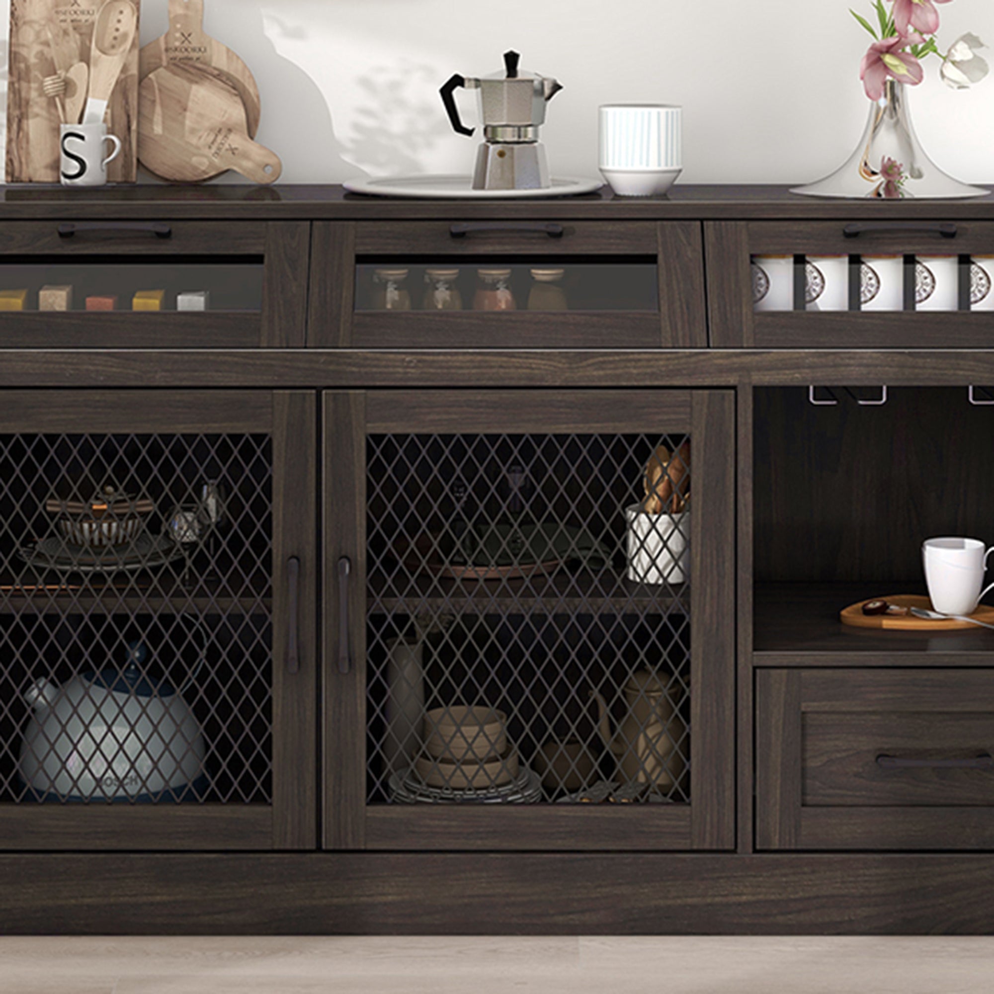 54" Wide Wood 4 Drawer Sideboard Stemware Rack