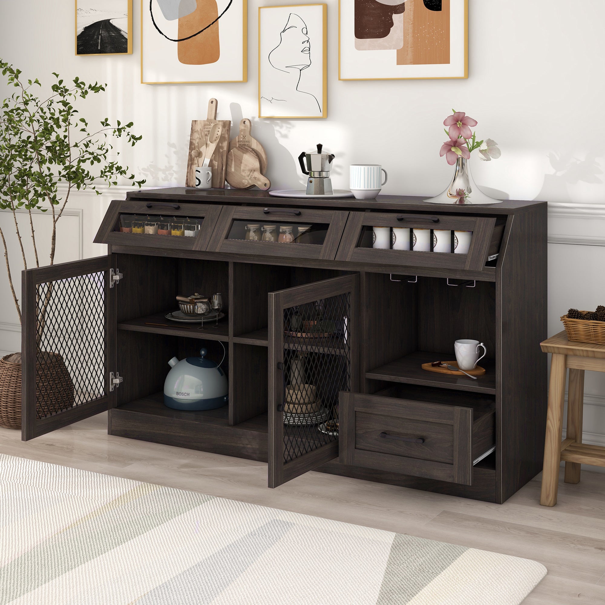 54" Wide Wood 4 Drawer Sideboard Stemware Rack