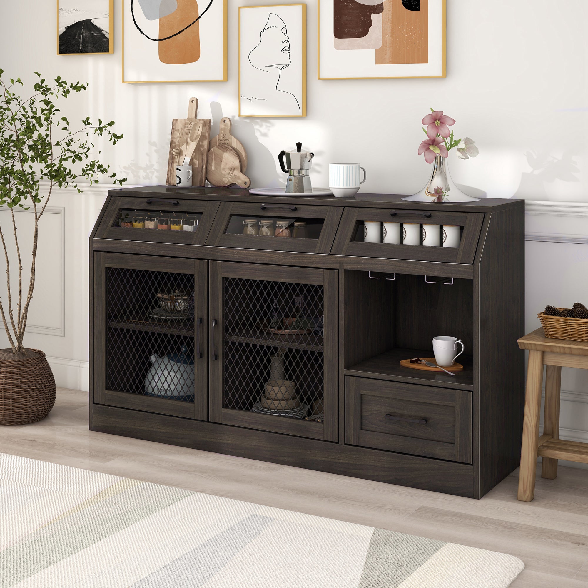 54" Wide Wood 4 Drawer Sideboard Stemware Rack