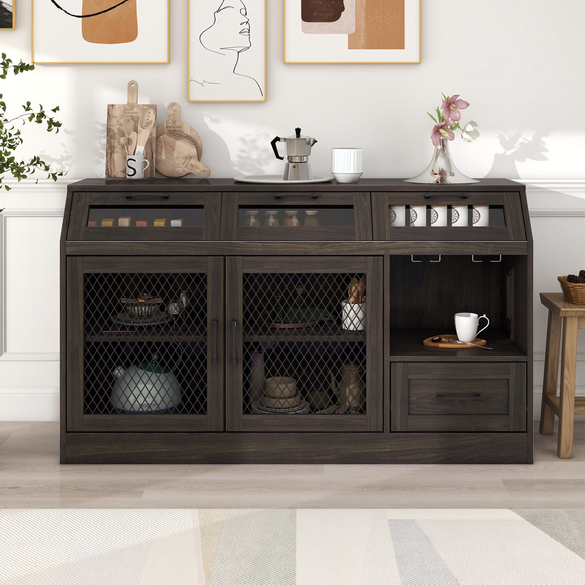 54" Wide Wood 4 Drawer Sideboard Stemware Rack