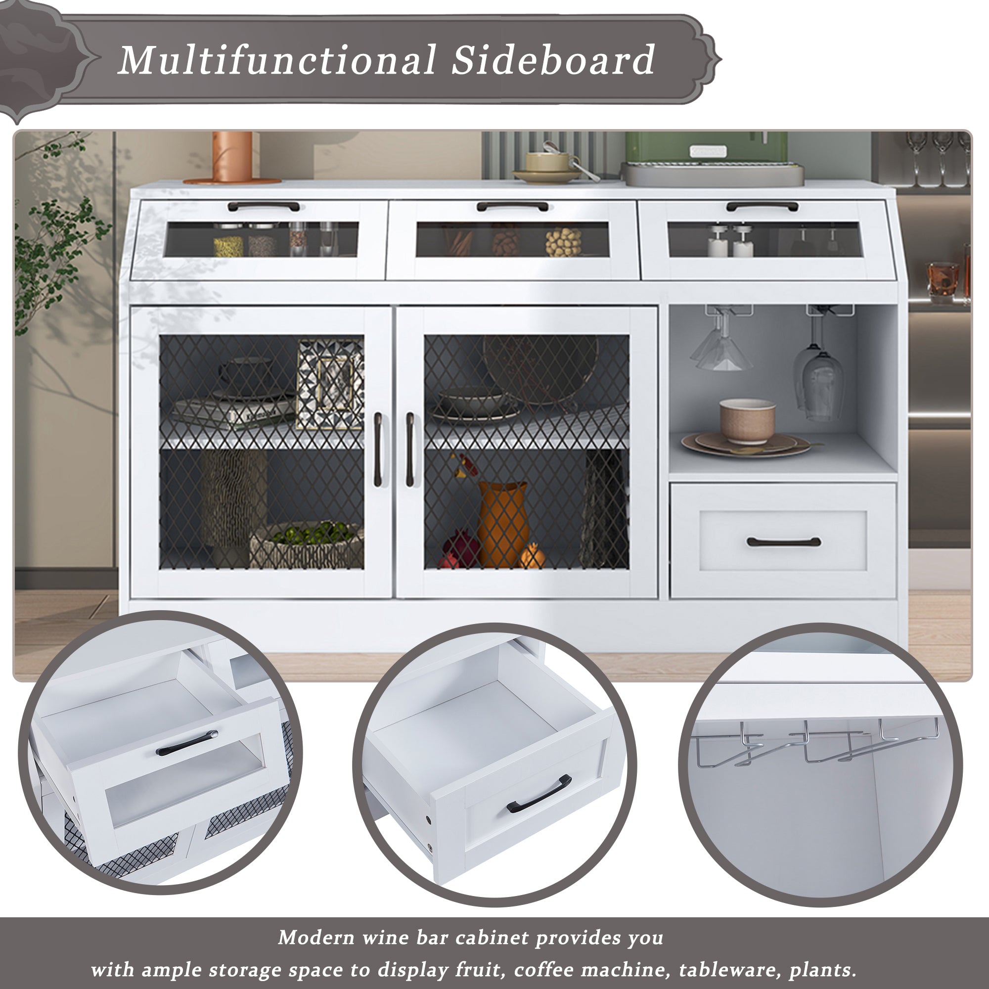 54" Wide Wood 4 Drawer Sideboard Stemware Rack