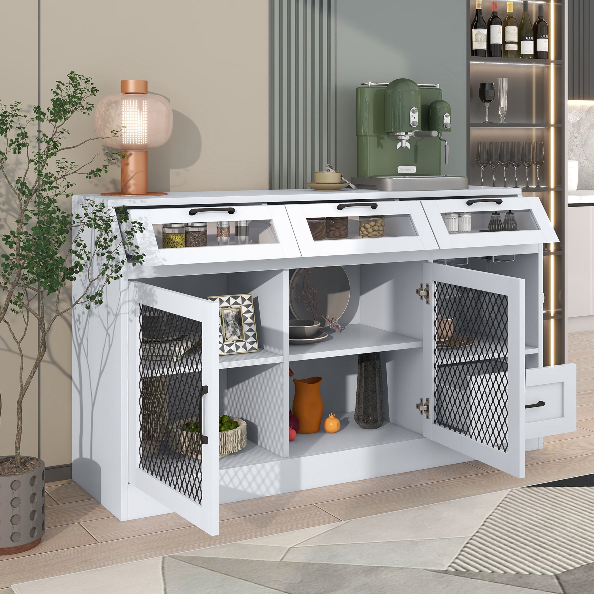 54" Wide Wood 4 Drawer Sideboard Stemware Rack