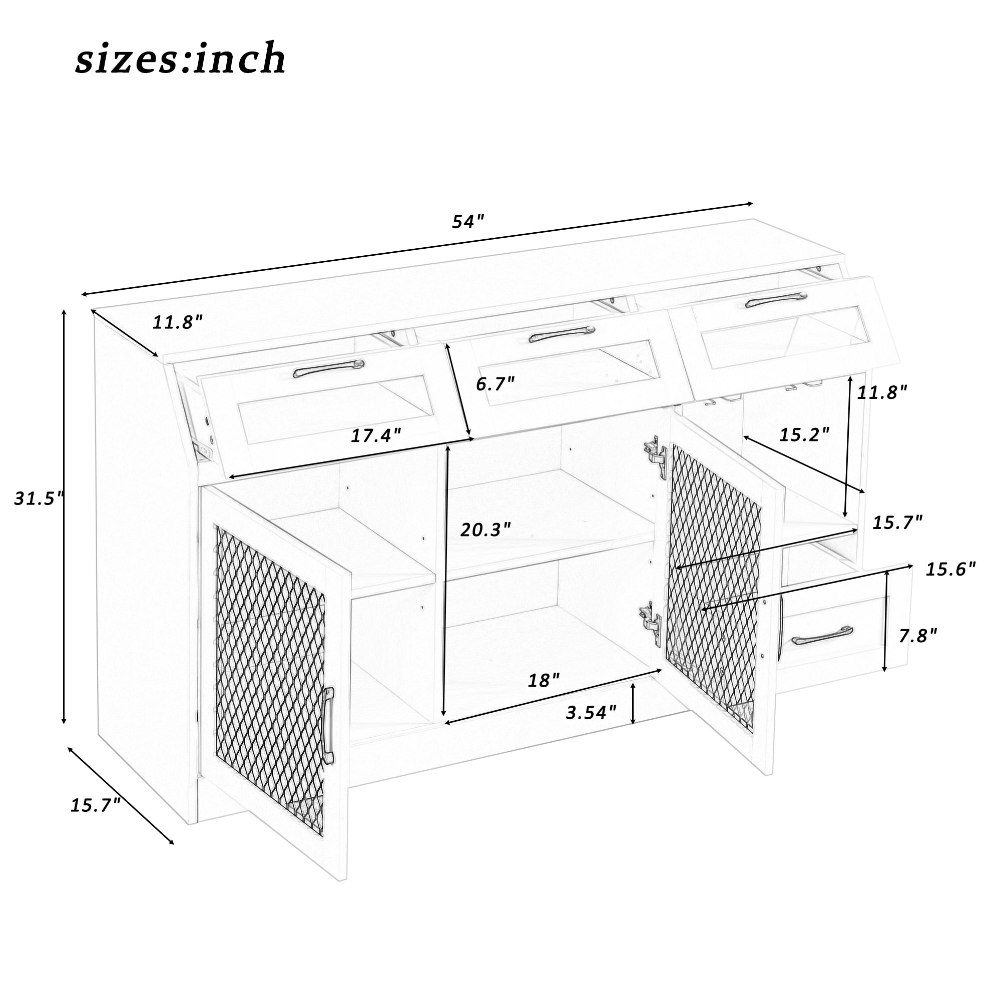 54" Wide Wood 4 Drawer Sideboard Stemware Rack