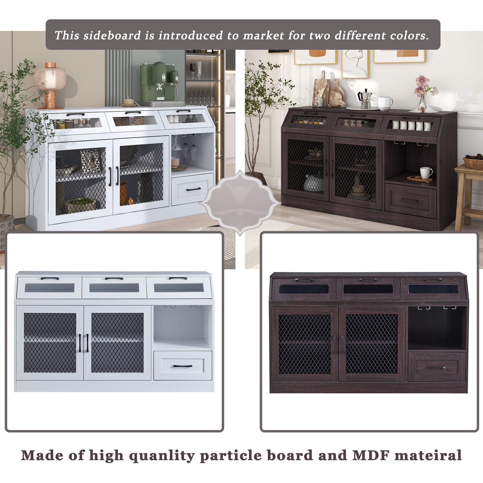 54" Wide Wood 4 Drawer Sideboard Stemware Rack