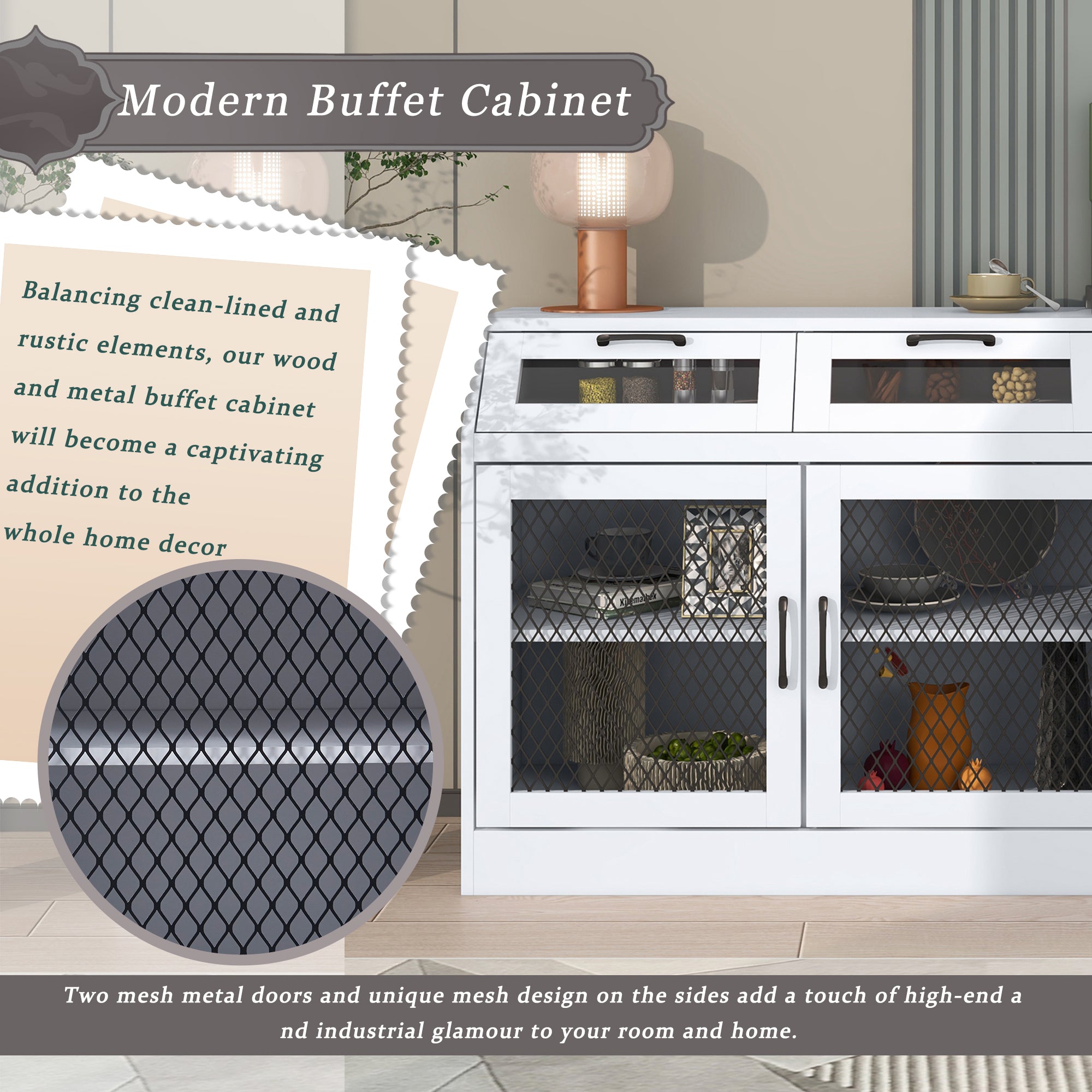 54" Wide Wood 4 Drawer Sideboard Stemware Rack