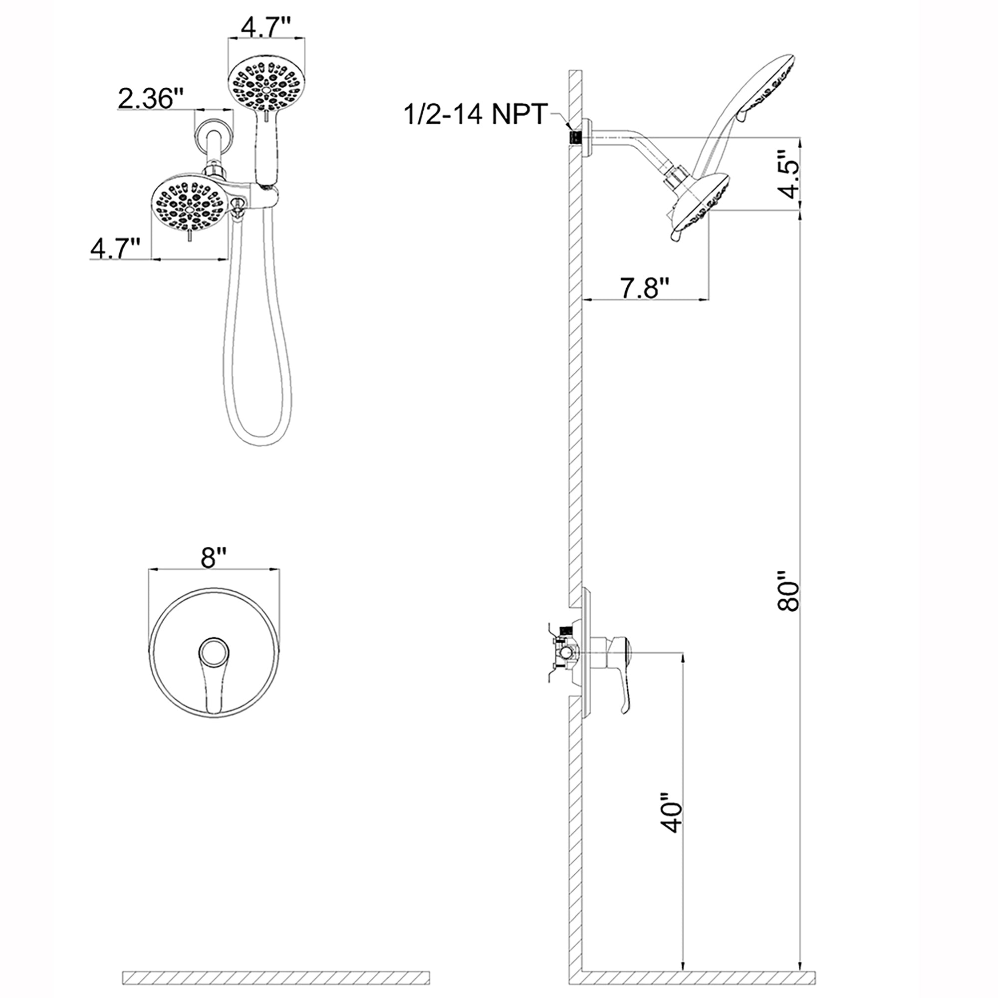 4.7 inch Wall-Mounted Round Shower System with Rough-in Valve