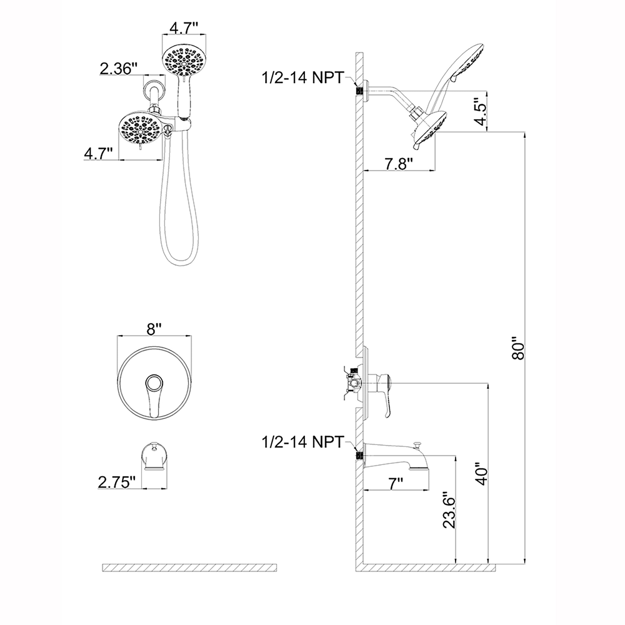 4 inch Wall-Mounted Round Shower System with Rough-in Valve, Handheld Shower, Tub Faucet