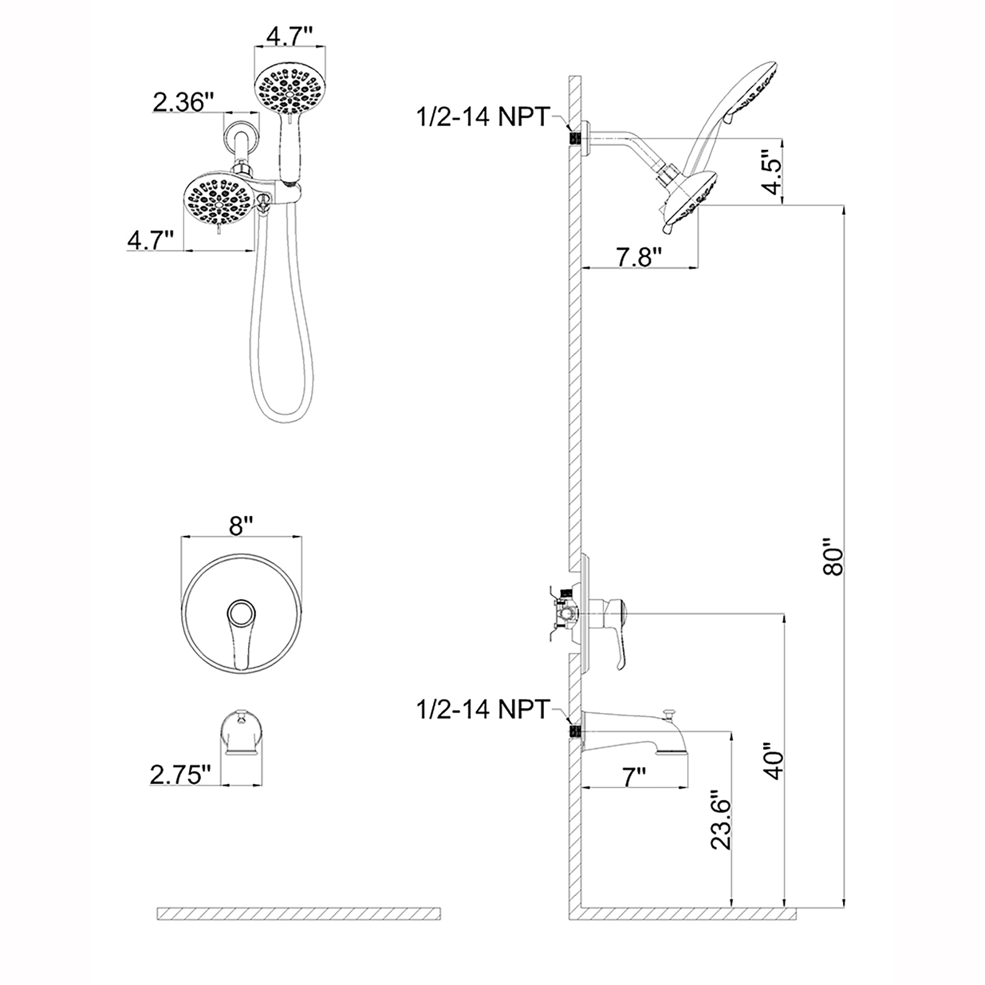 4 inch Wall-Mounted Round Shower System with Rough-in Valve, Handheld Shower, Tub Faucet