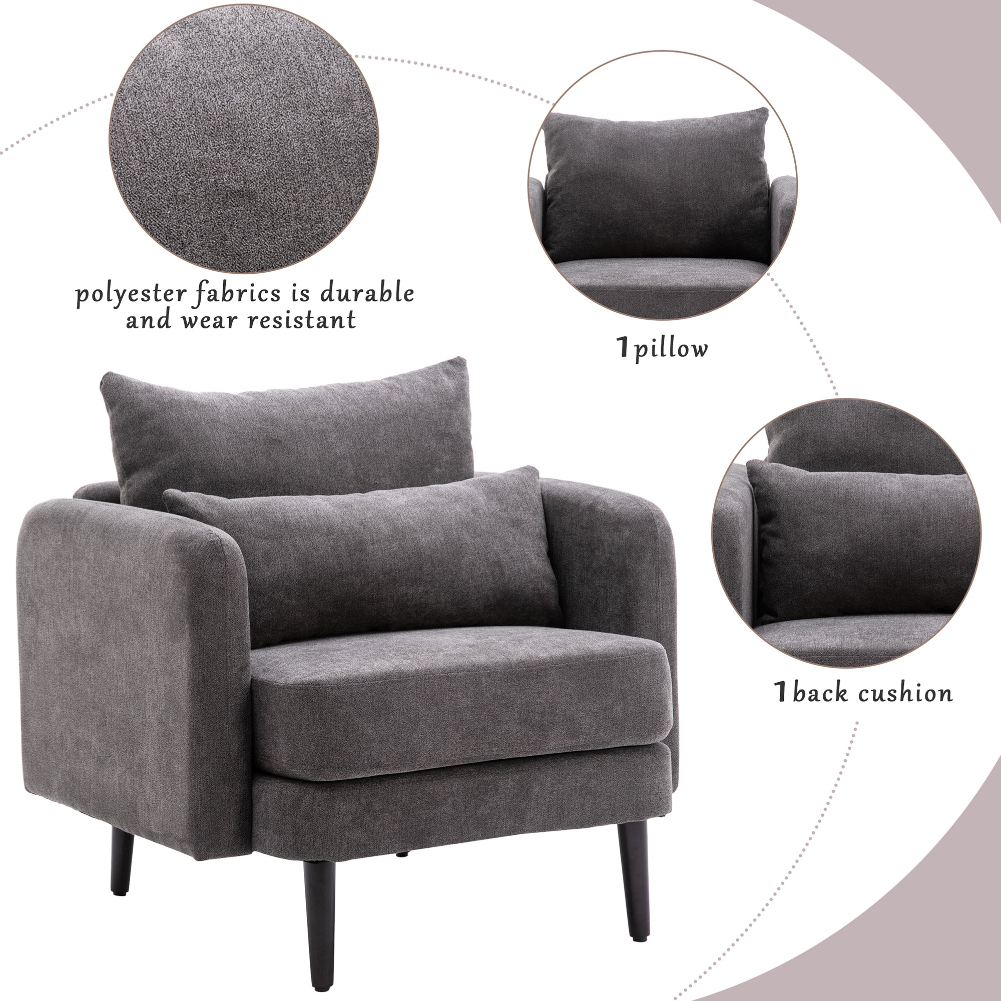 Velvet Polyester Upholstered Armchair with Pillow