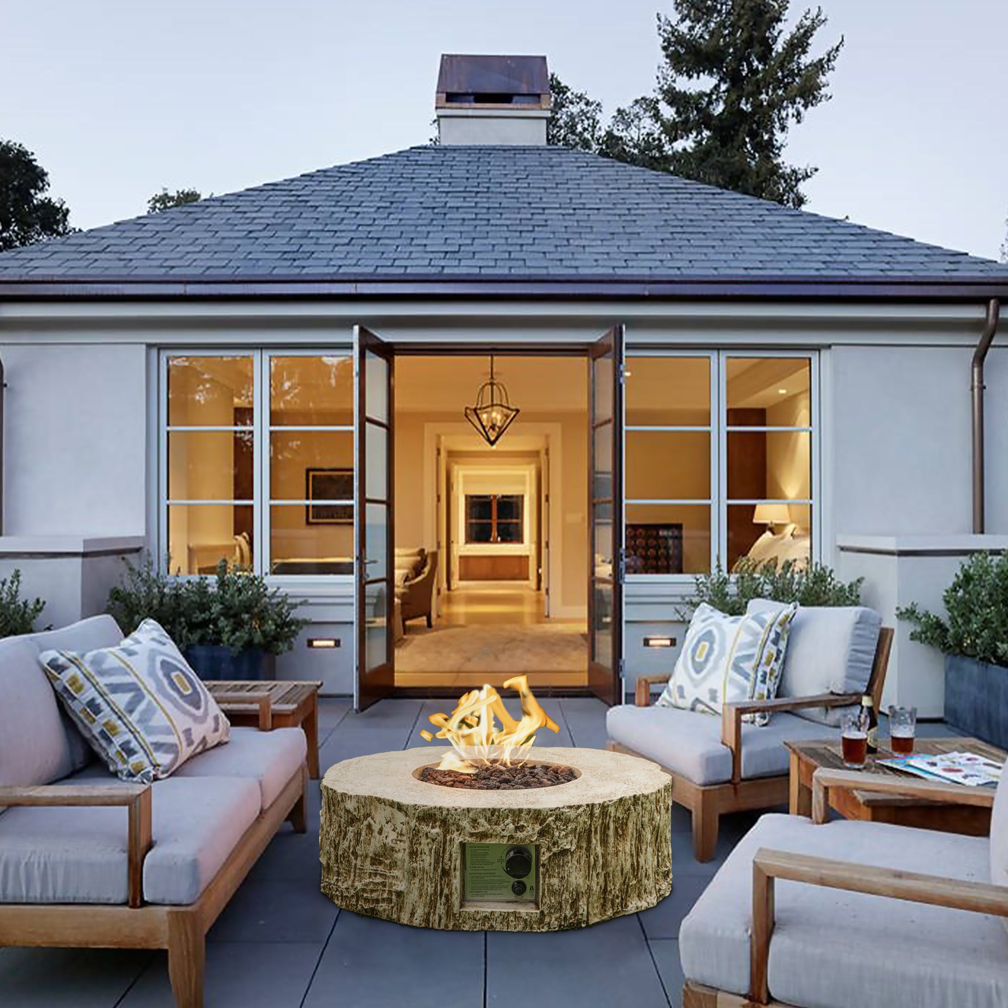 Round Faux Stone Outdoor Fire Pit with Rain Cover