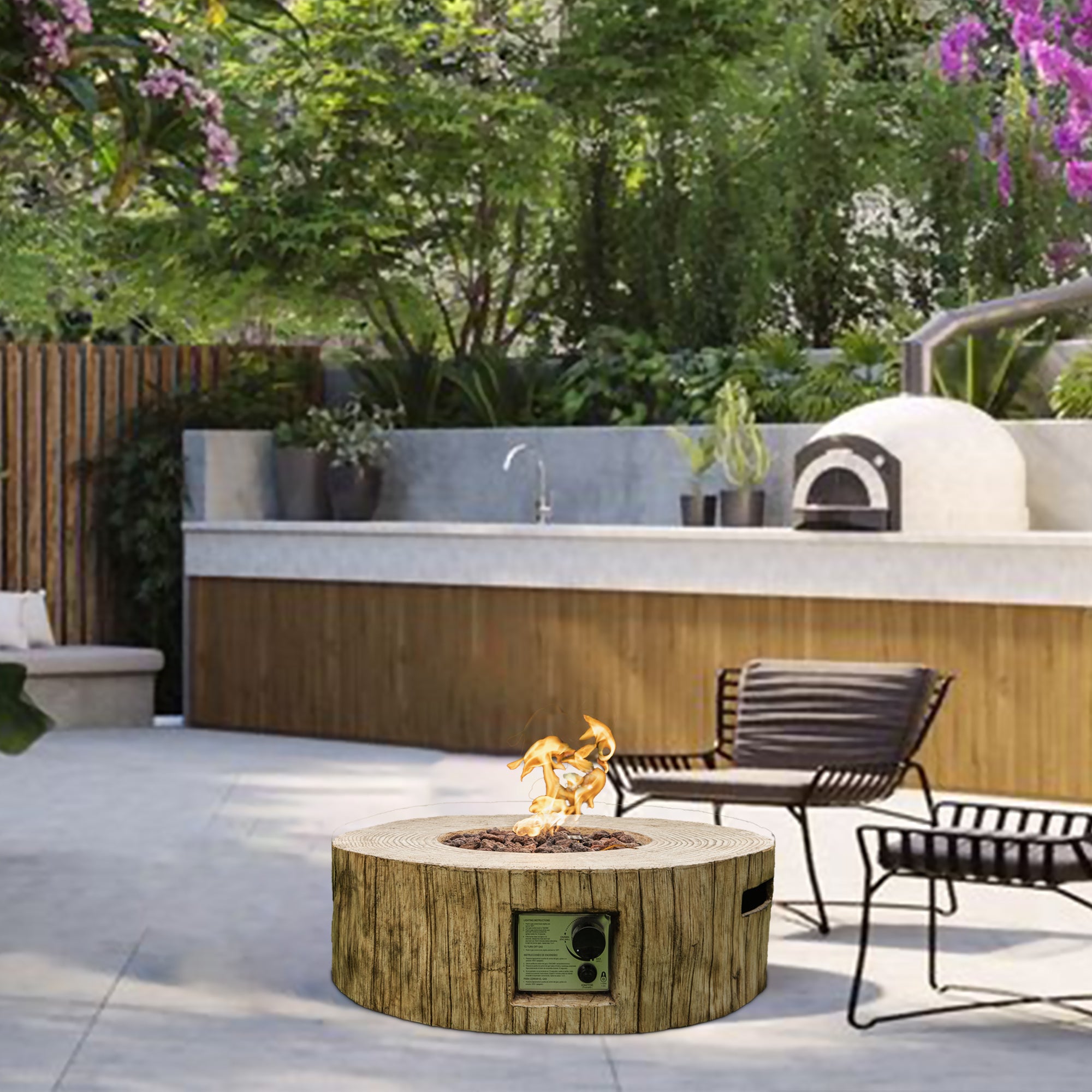 Round Faux Stone Outdoor Fire Pit with Rain Cover