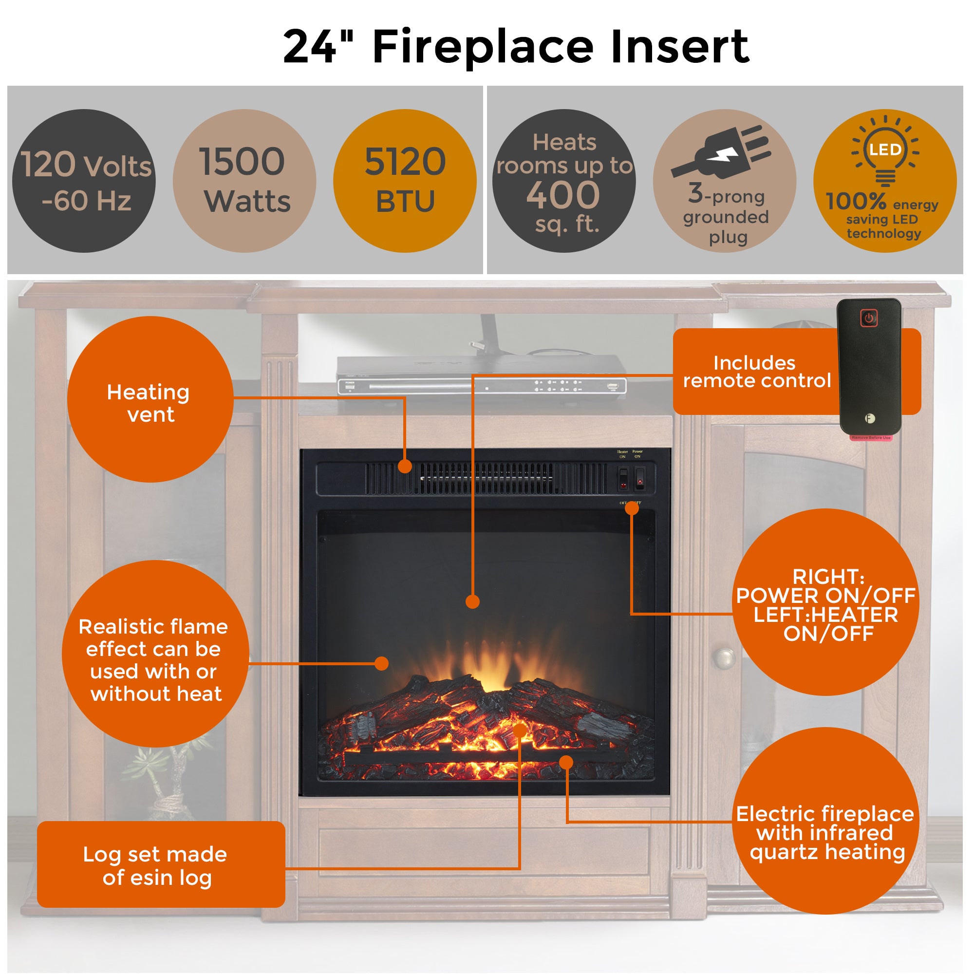 45-inch Freestanding Electric Fireplace with Storage Space