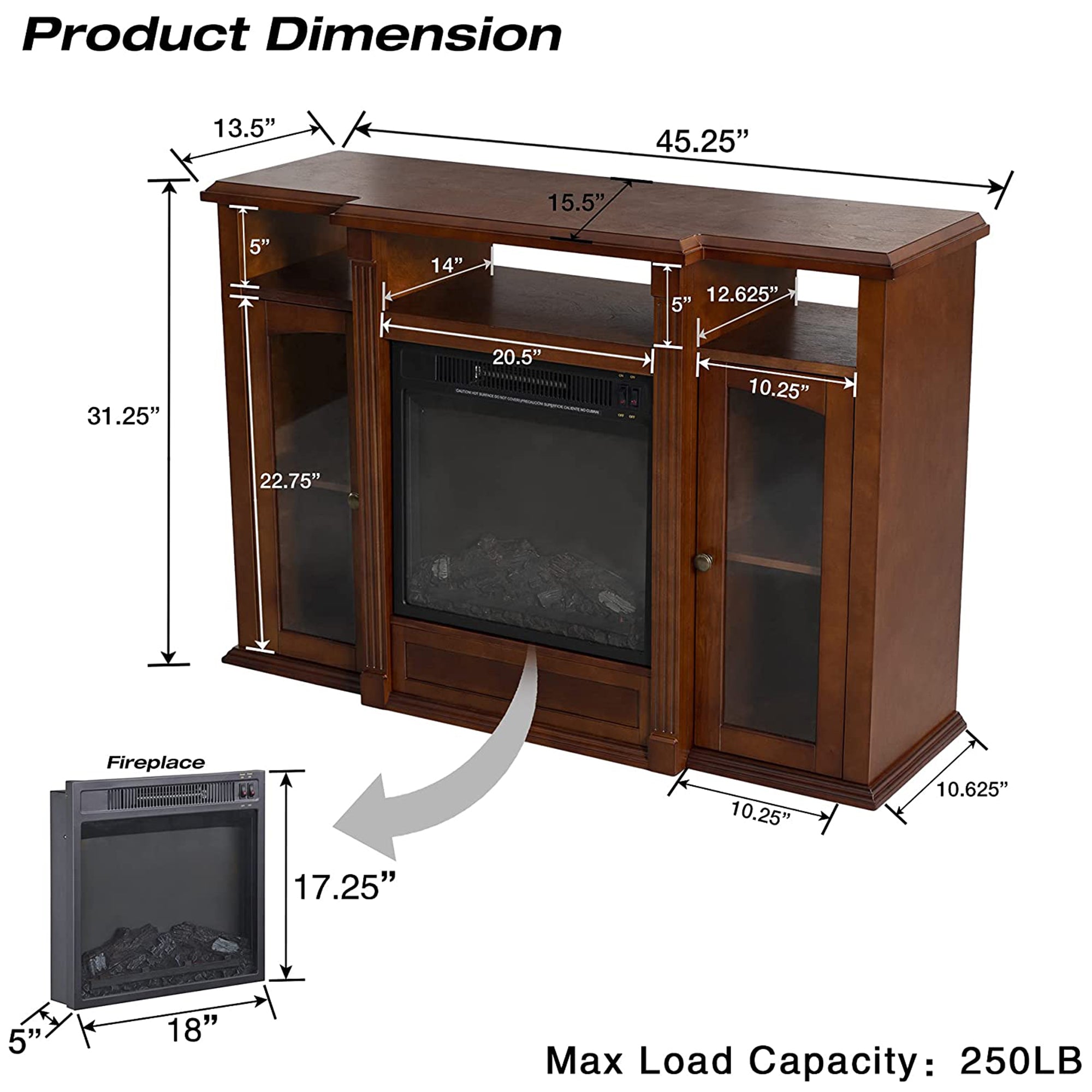 45-inch Freestanding Electric Fireplace with Storage Space