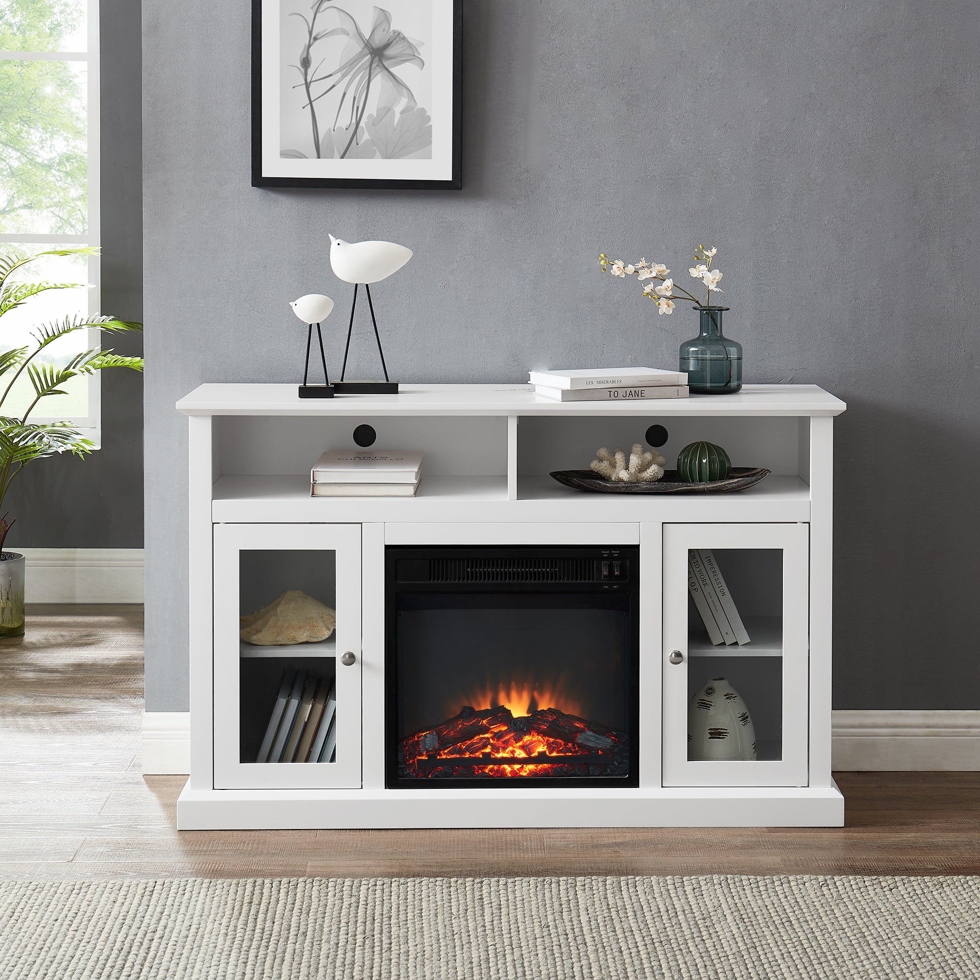 48-inch Freestanding Electric Fireplace with Storage Space