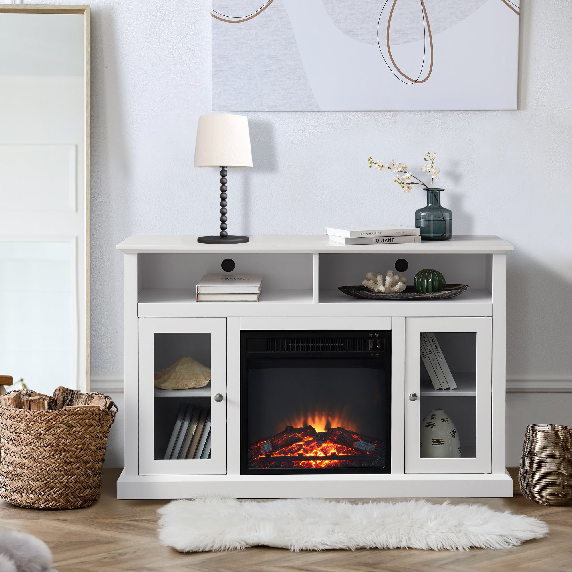 48-inch Freestanding Electric Fireplace with Storage Space