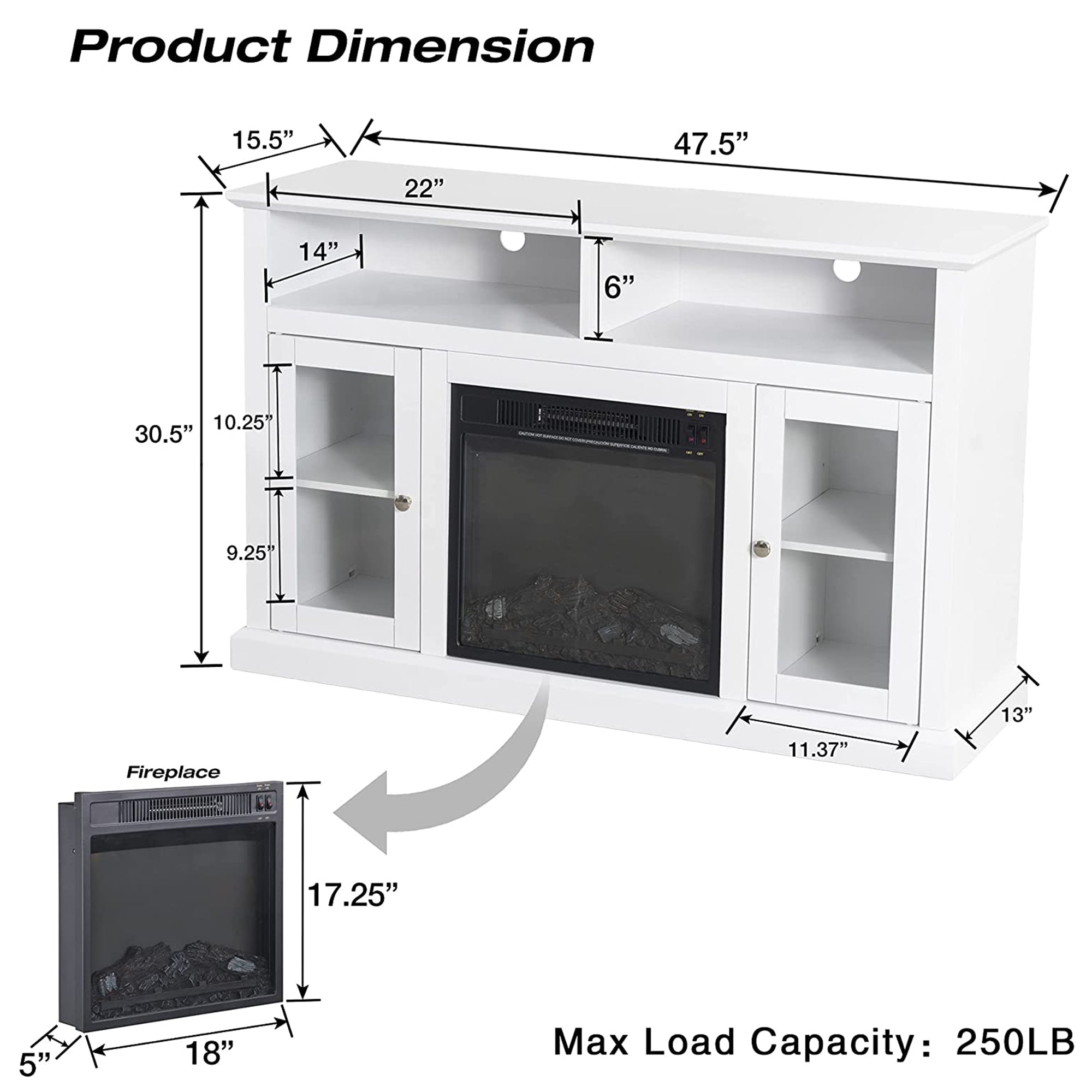 48-inch Freestanding Electric Fireplace with Storage Space