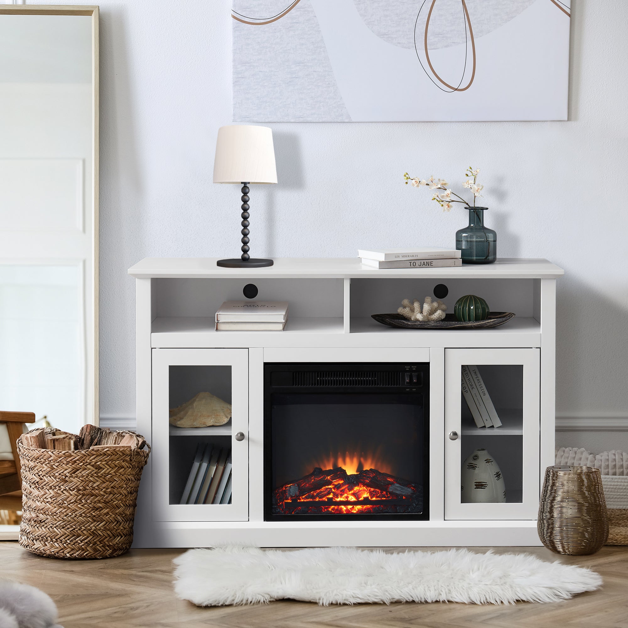 48-inch Freestanding Electric Fireplace with Storage Space