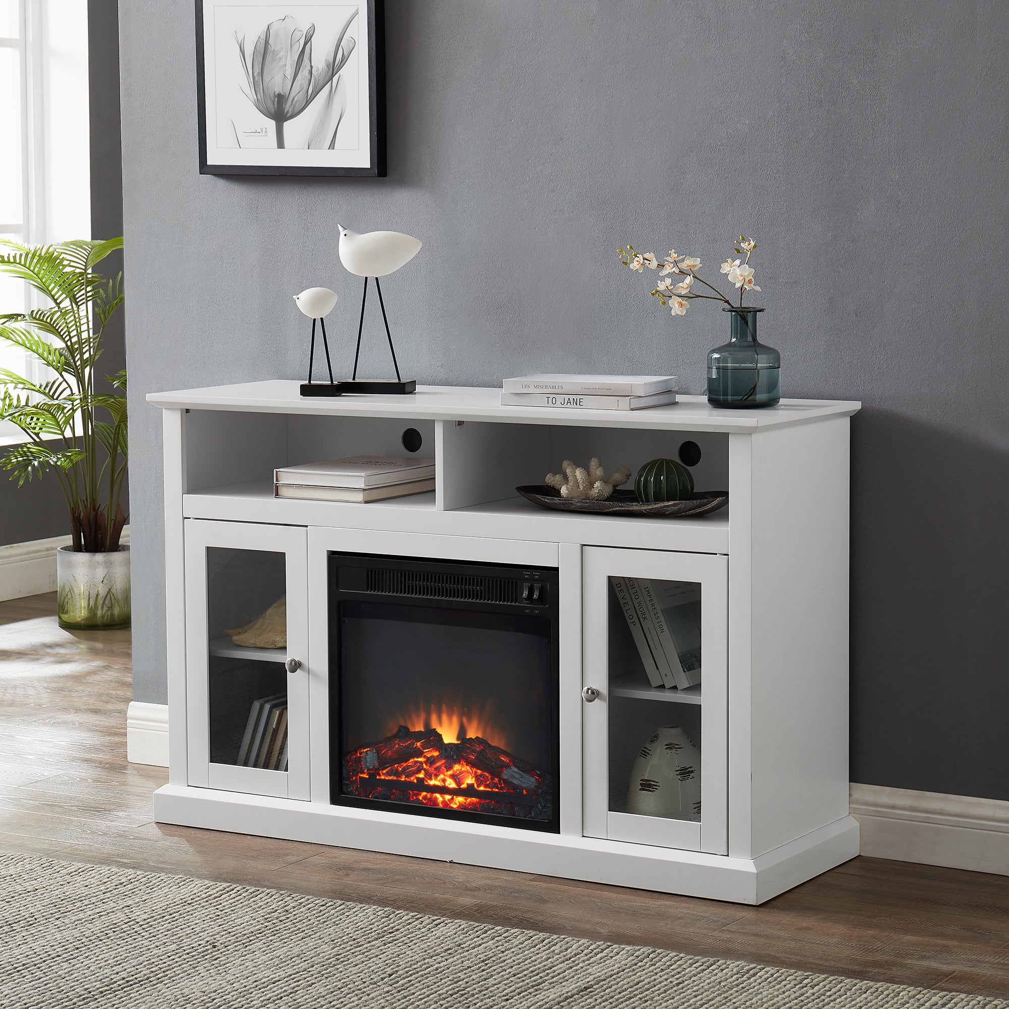 48-inch Freestanding Electric Fireplace with Storage Space