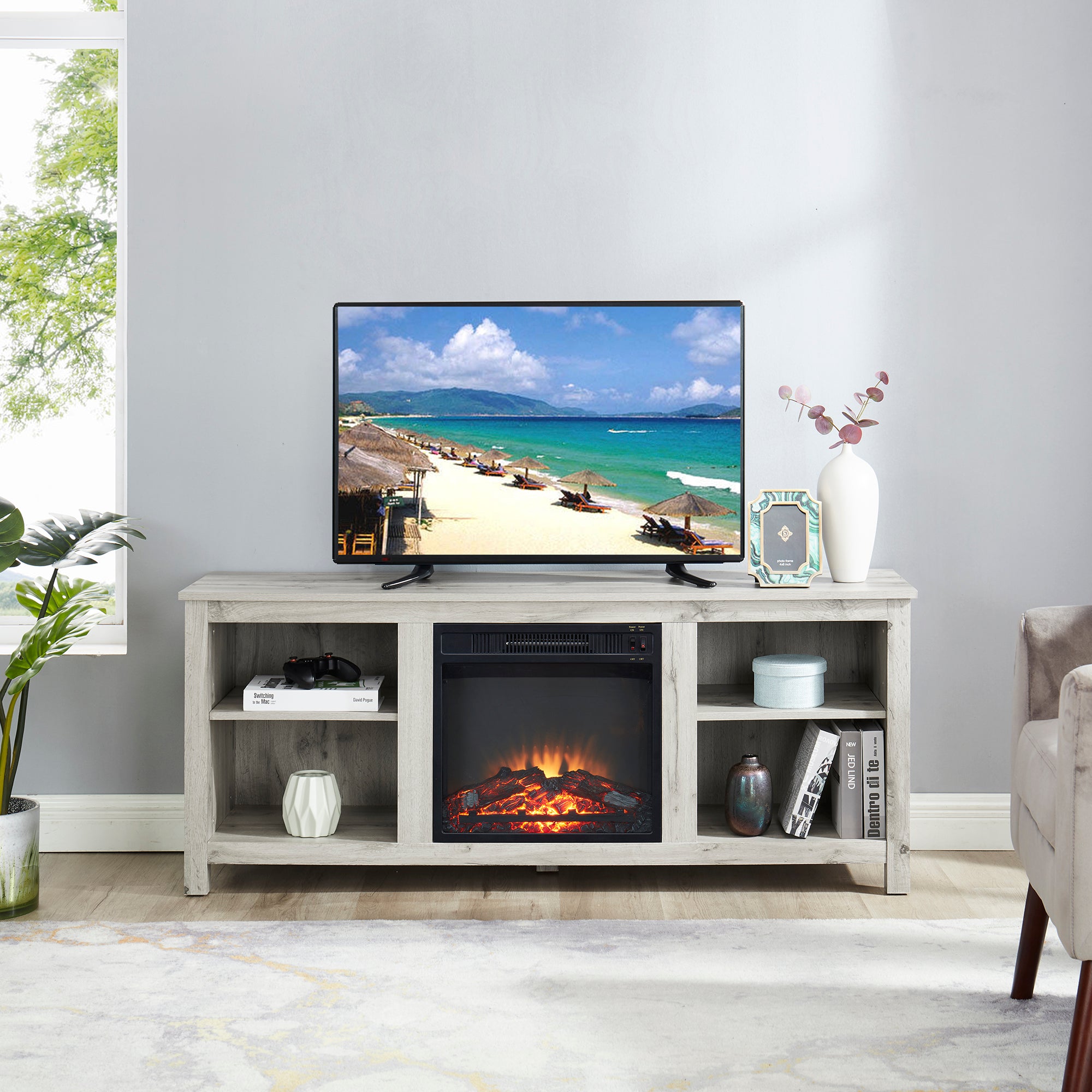 58-inch Freestanding Electric Fireplace TV Stand with Adjustable Shelves