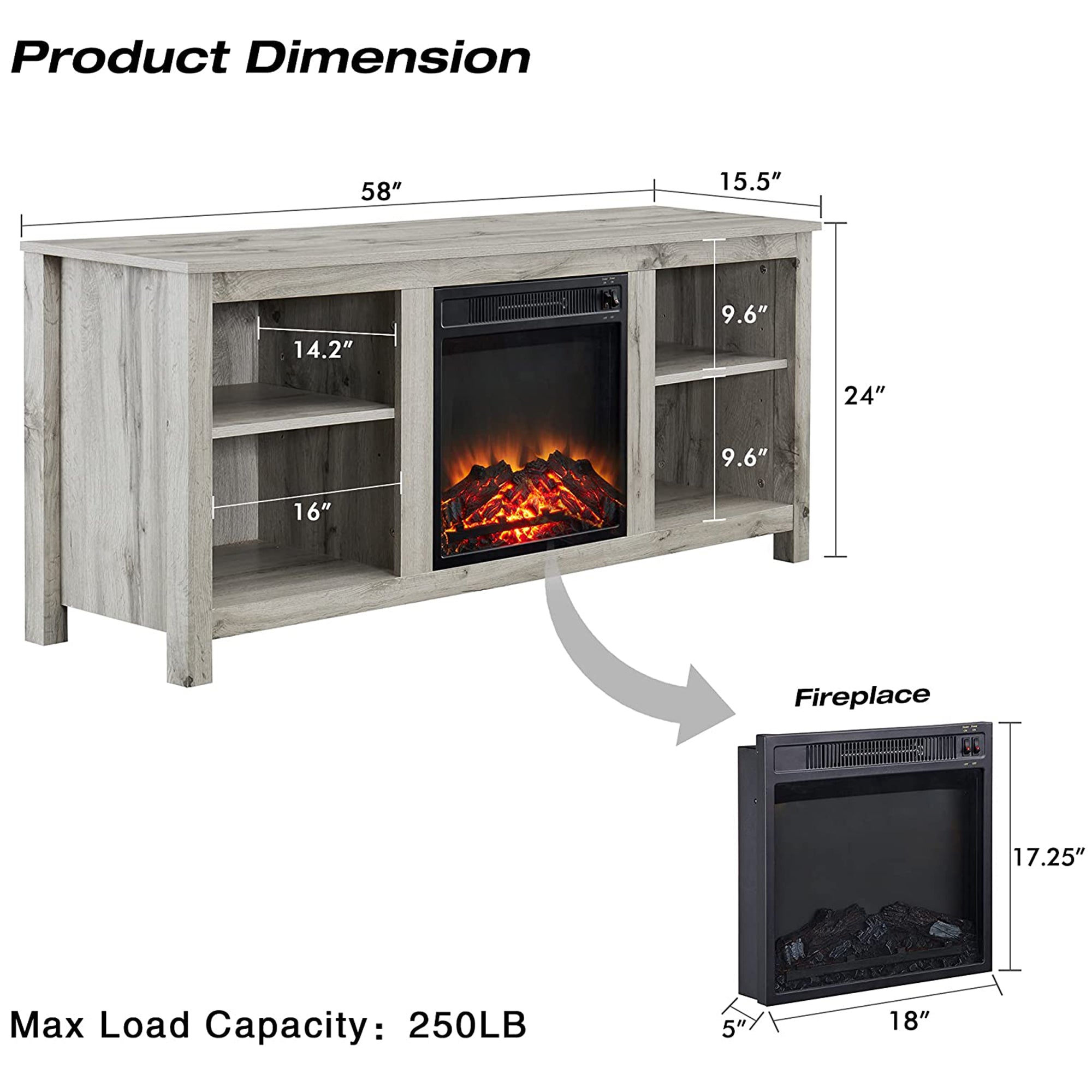 58-inch Freestanding Electric Fireplace TV Stand with Adjustable Shelves