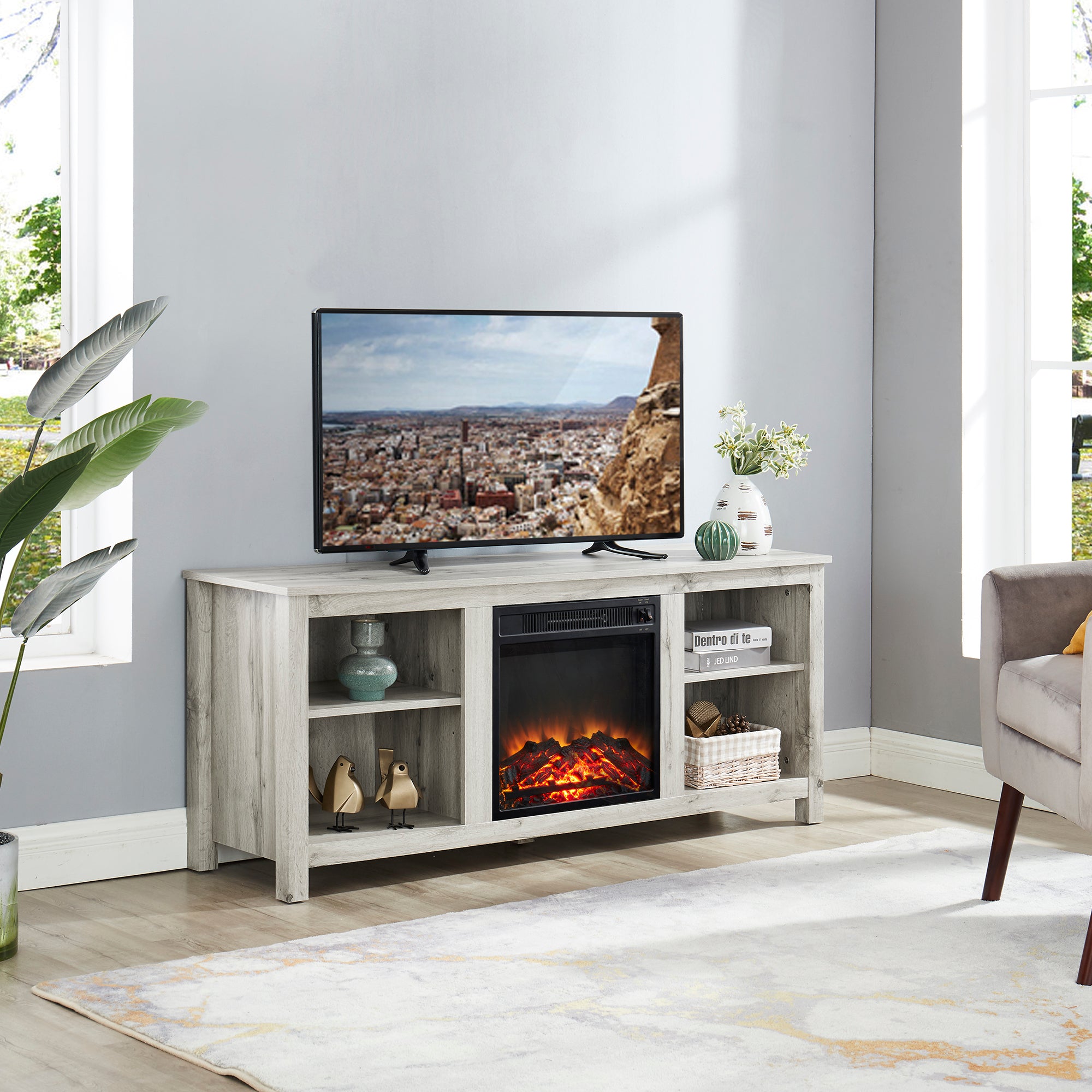 58-inch Freestanding Electric Fireplace TV Stand with Adjustable Shelves
