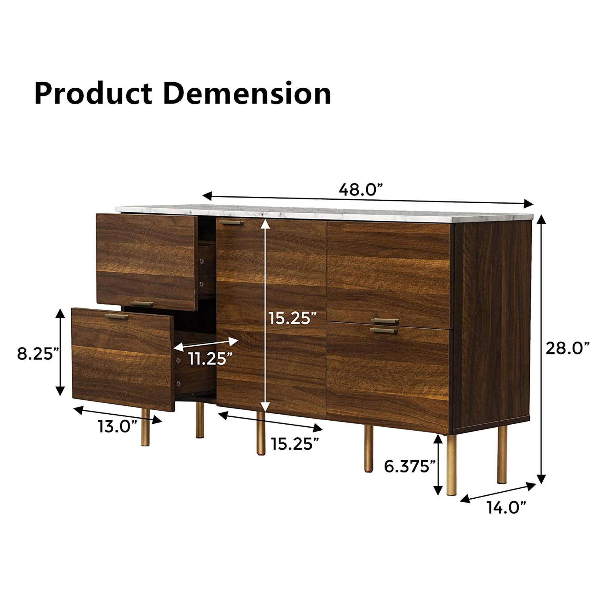 48" Wide Wood 4 Drawers Storage Sideboard  with Shelves