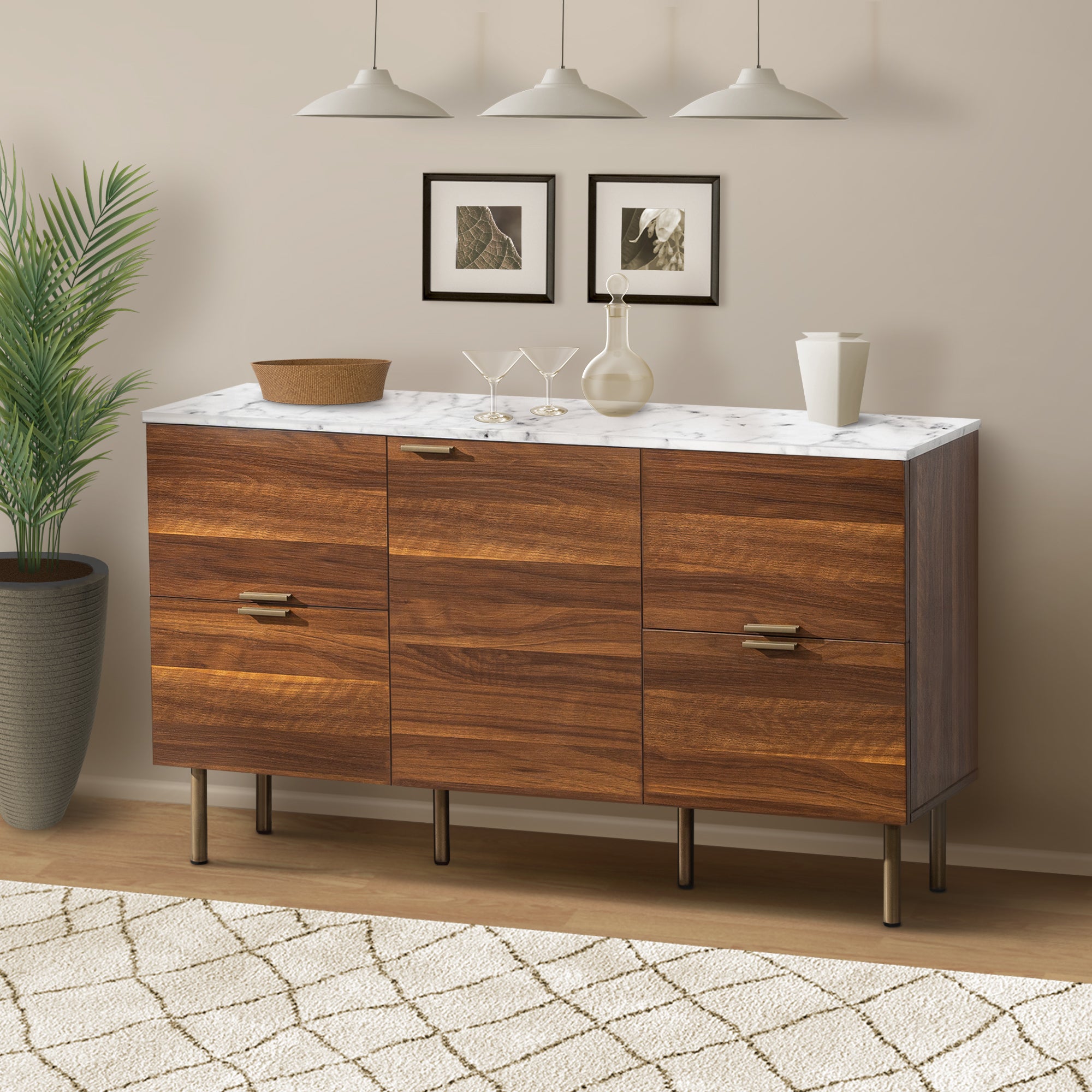 48" Wide Wood 4 Drawers Storage Sideboard  with Shelves