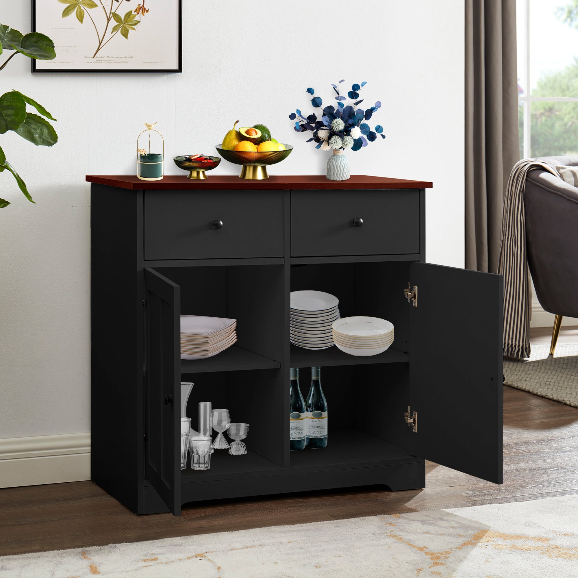 32" Wide Wood 2 Drawers Sideboard with Interior Shelves