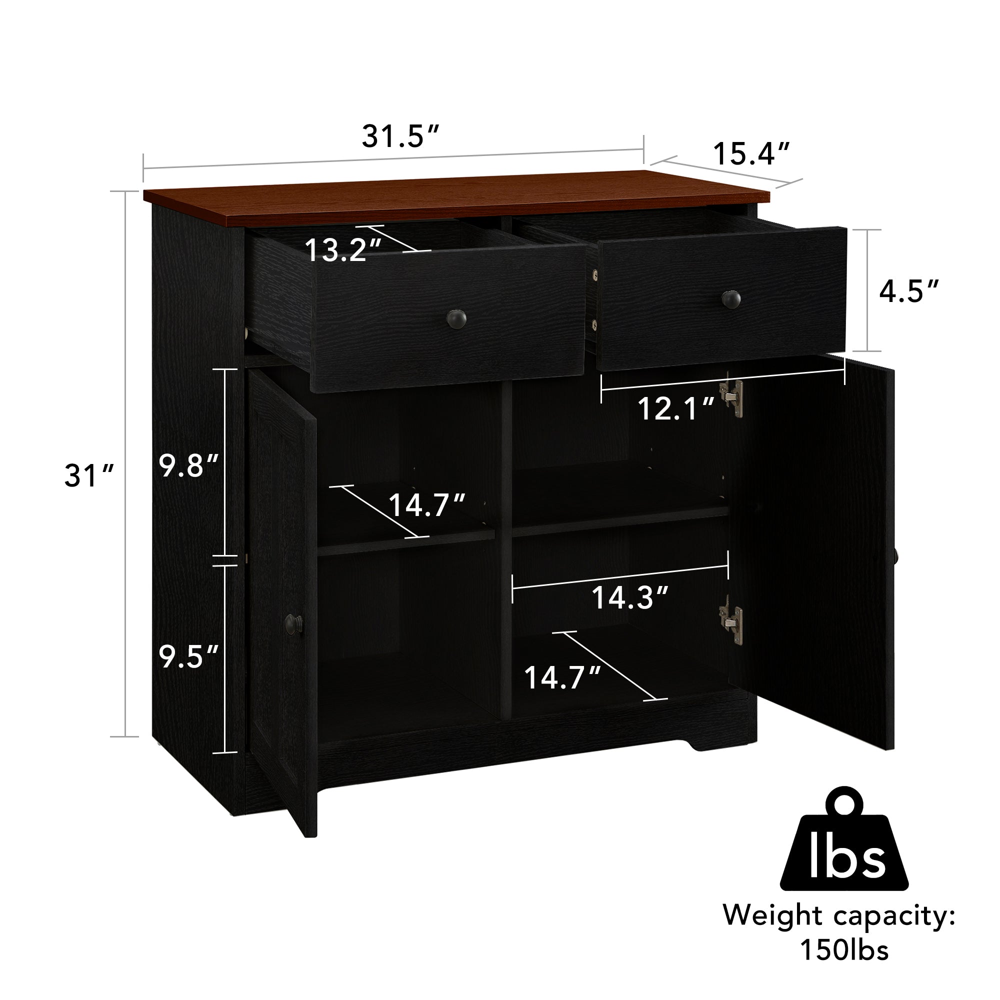 32" Wide Wood 2 Drawers Sideboard with Interior Shelves