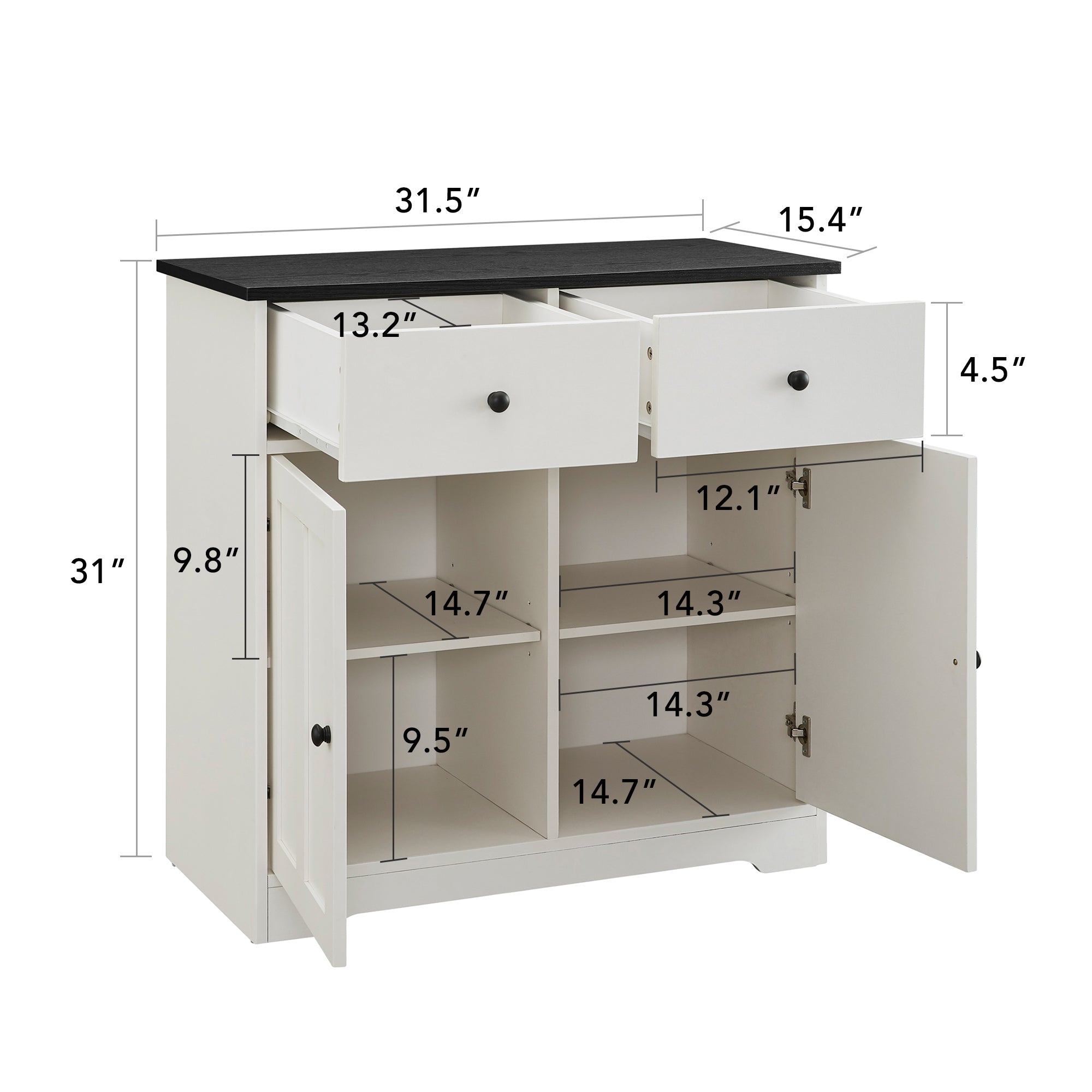 32" Wide Wood 2 Drawers Sideboard with Interior Shelves