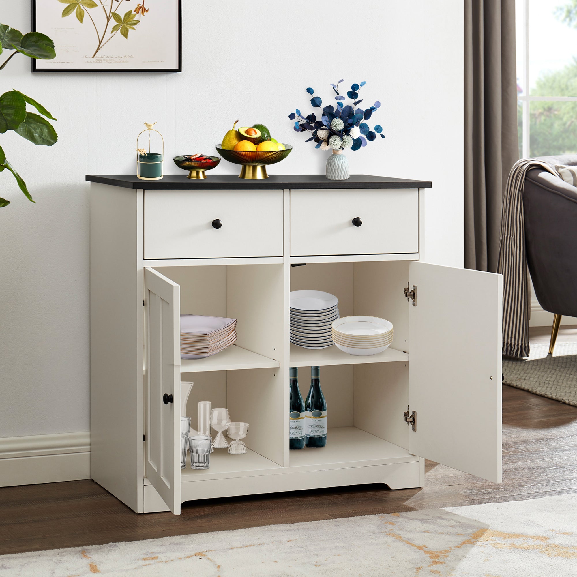 32" Wide Wood 2 Drawers Sideboard with Interior Shelves