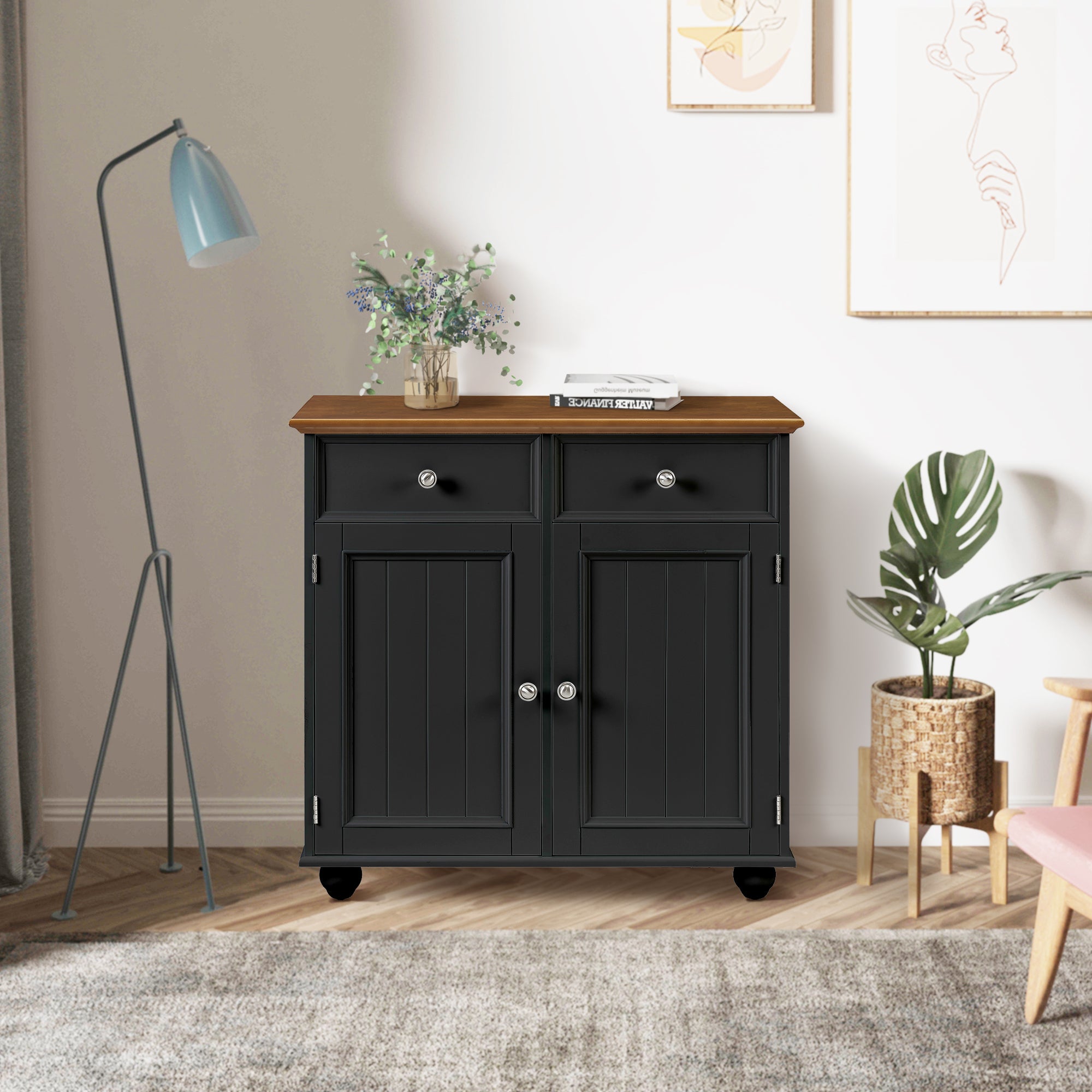 32" Wide Wood 2 Drawers Storage Sideboard with Adjustable Shelves