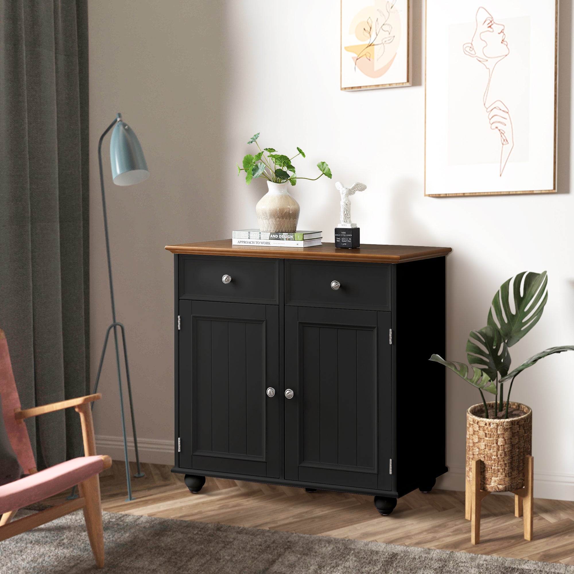 32" Wide Wood 2 Drawers Storage Sideboard with Adjustable Shelves