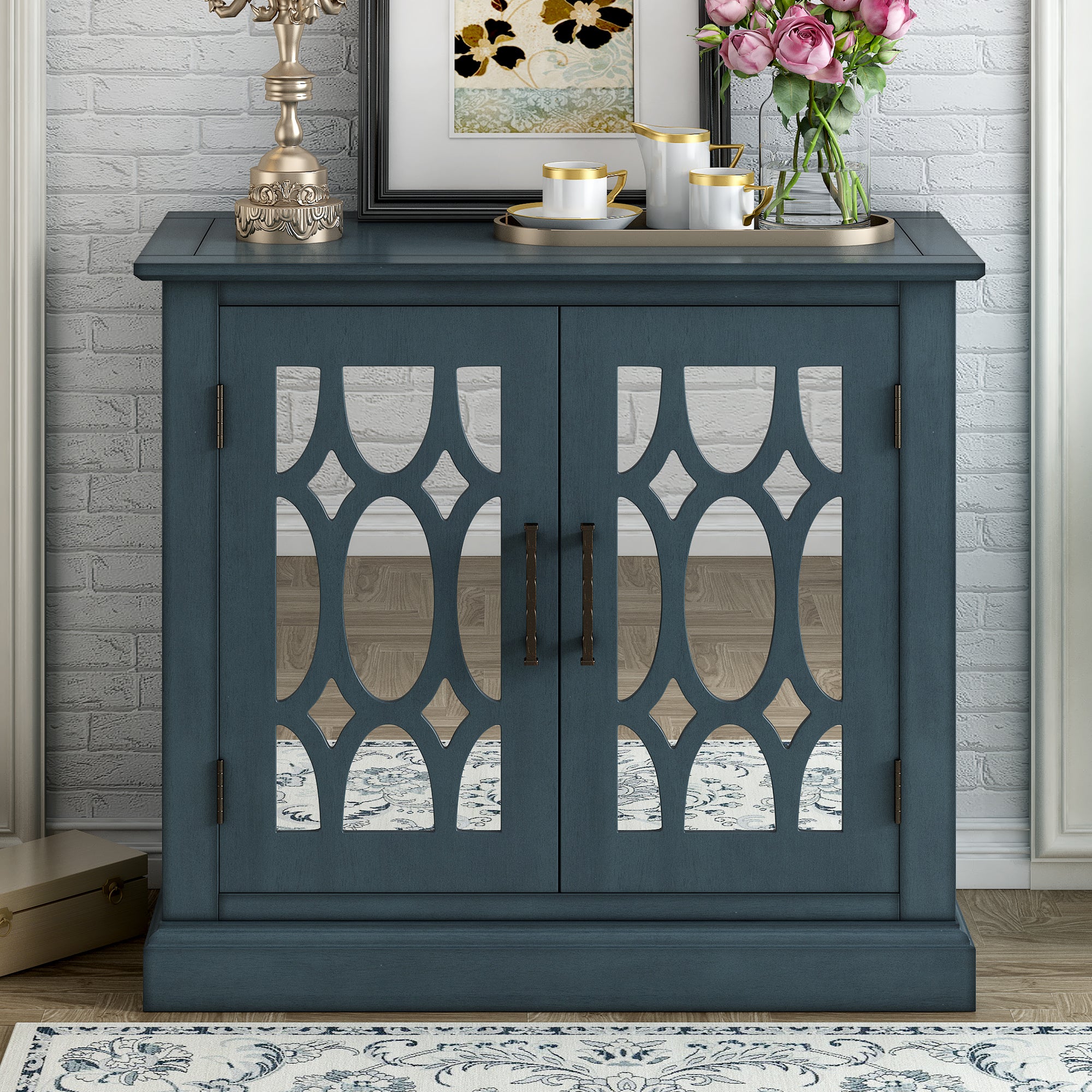 Wood Double Decorative Mirror Door Accent Cabinet