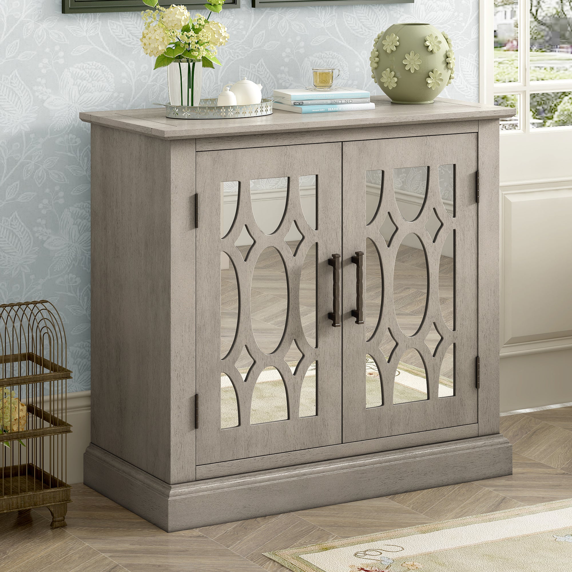 Wood Double Decorative Mirror Door Accent Cabinet