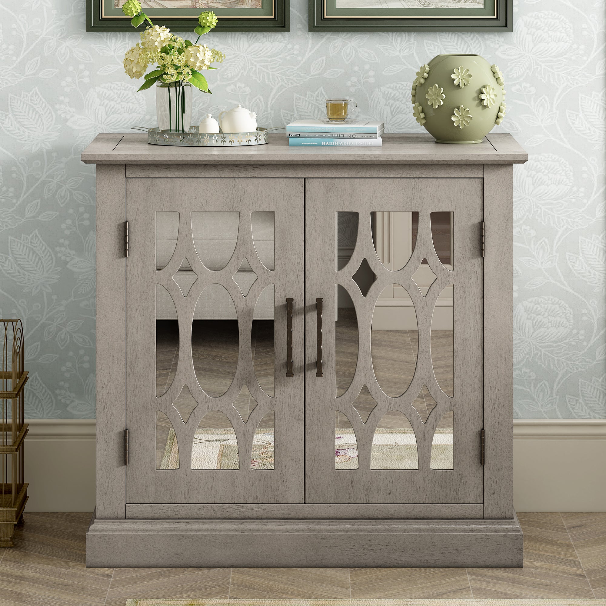 Wood Double Decorative Mirror Door Accent Cabinet