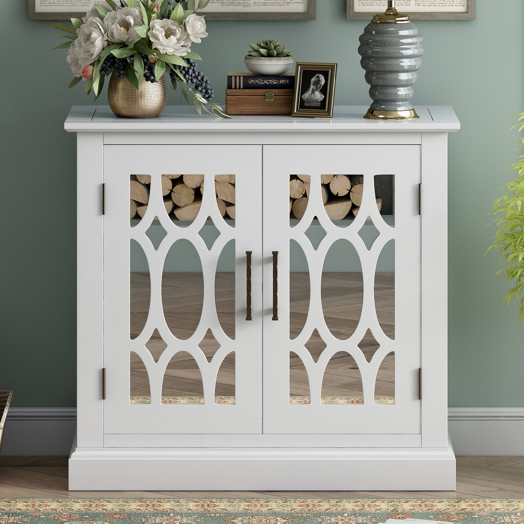 Wood Double Decorative Mirror Door Accent Cabinet