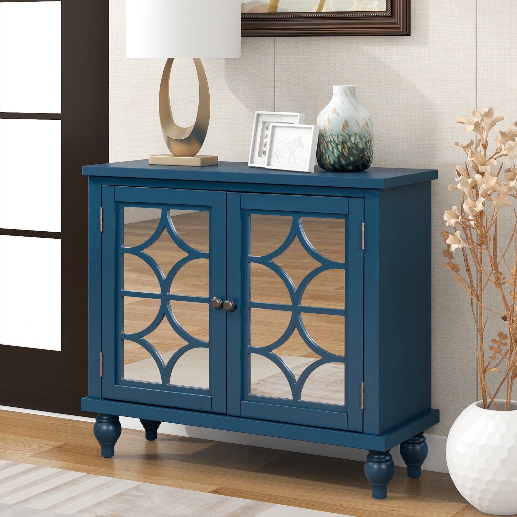 Wood Double Mirrored Door Accent Cabinet with Adjustable Shelf